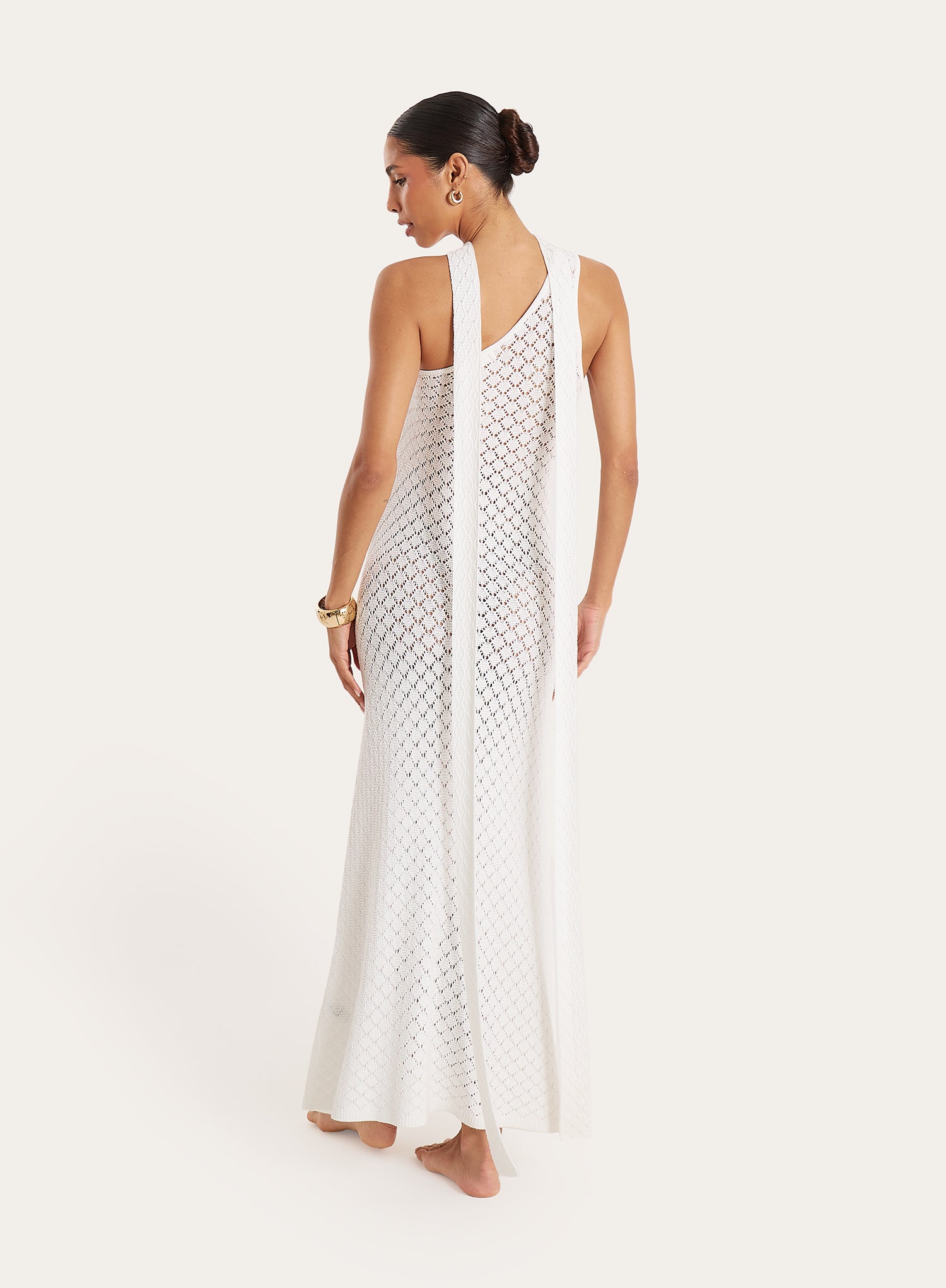 White Crochet One Shoulder Scarf Neck Maxi Dress