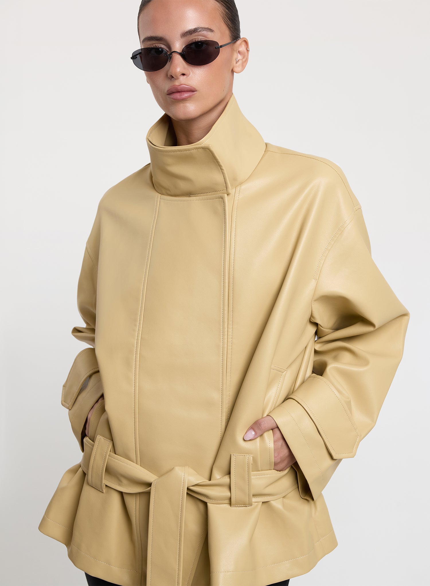 Butter Yellow Faux Leather Funnel Neck Jacket