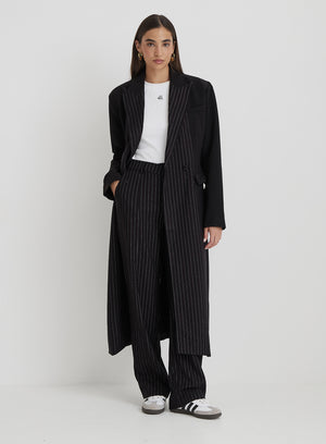 Black Pinstripe Tailored Longline Coat - Libby