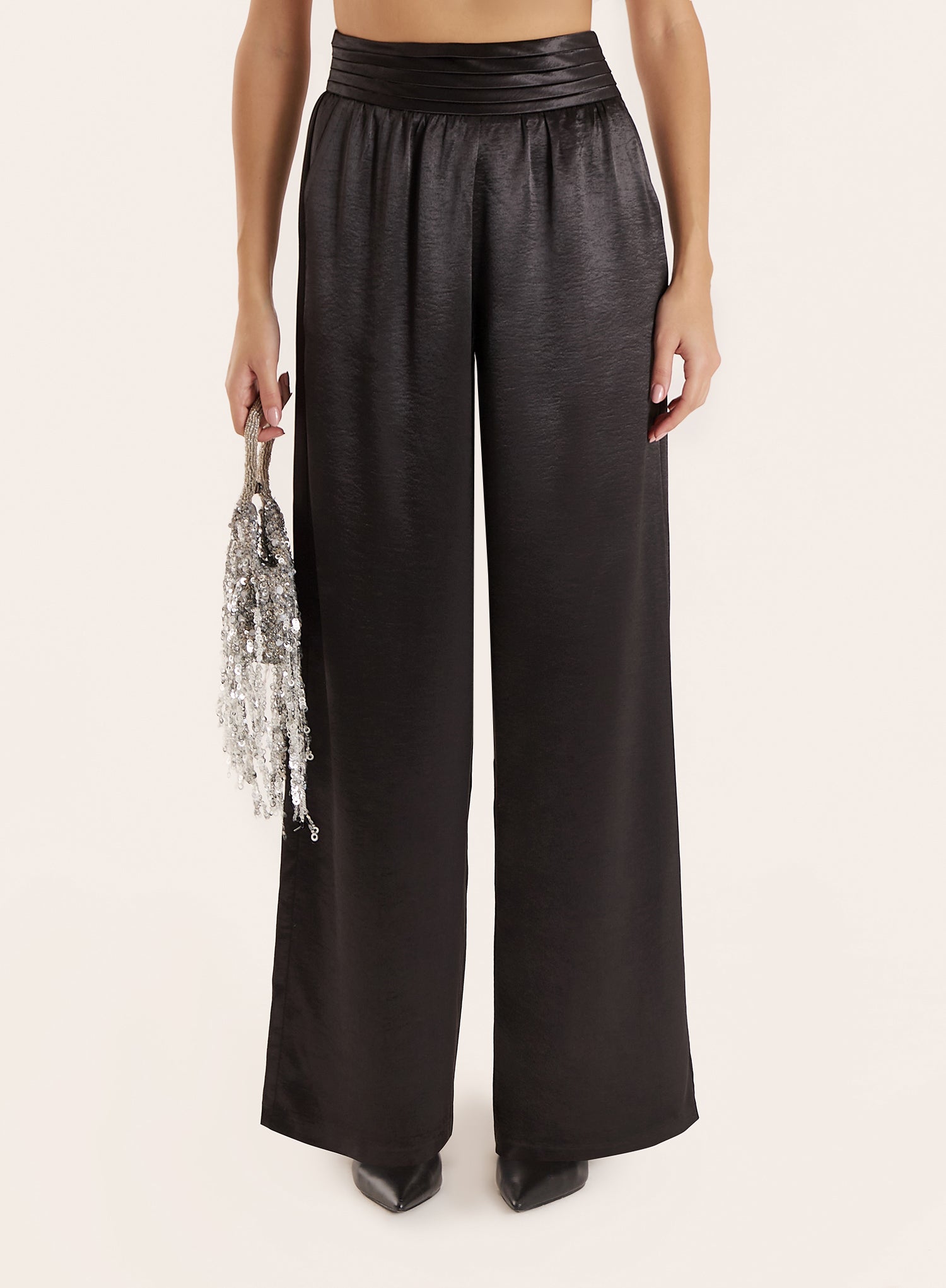 Black Pleated Waistband Wide Leg Satin Trousers