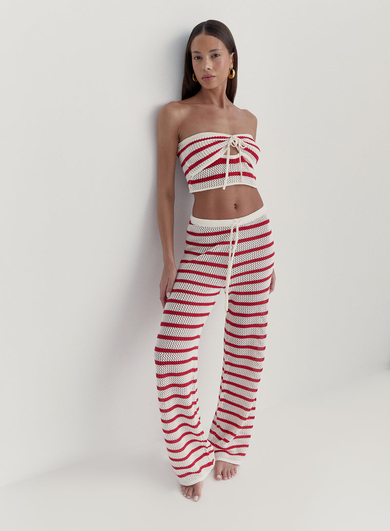Red And White Striped Knitted Trouser- Lior