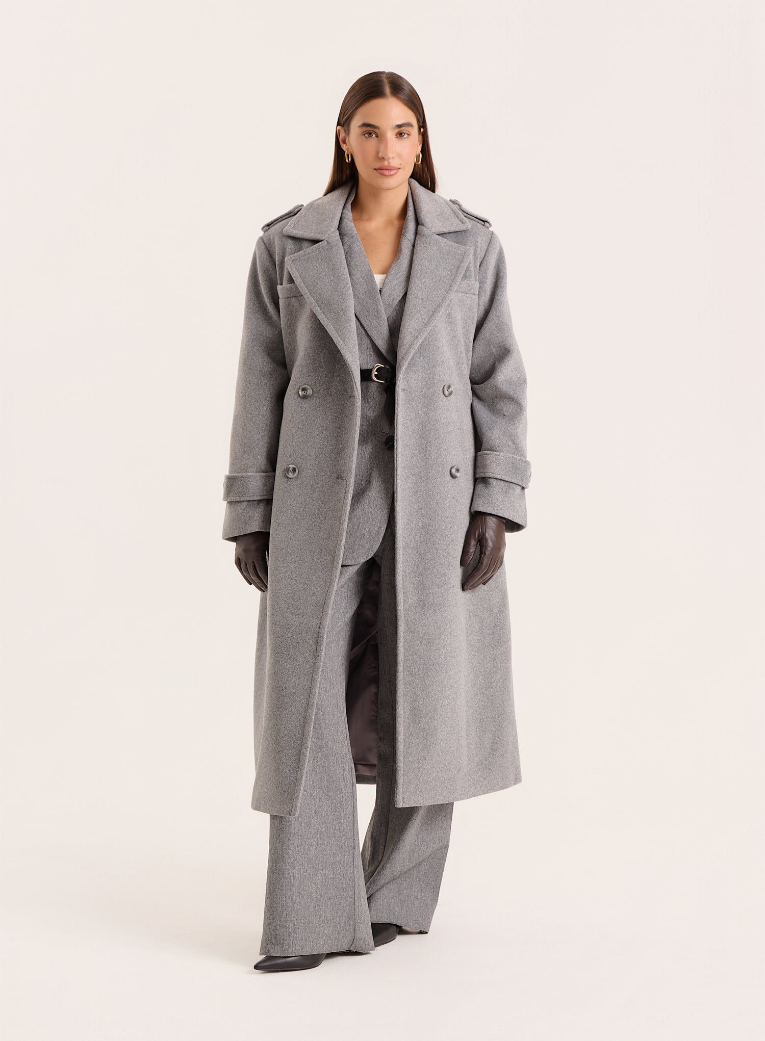 Grey Tailored Belted Longline Trench Coat