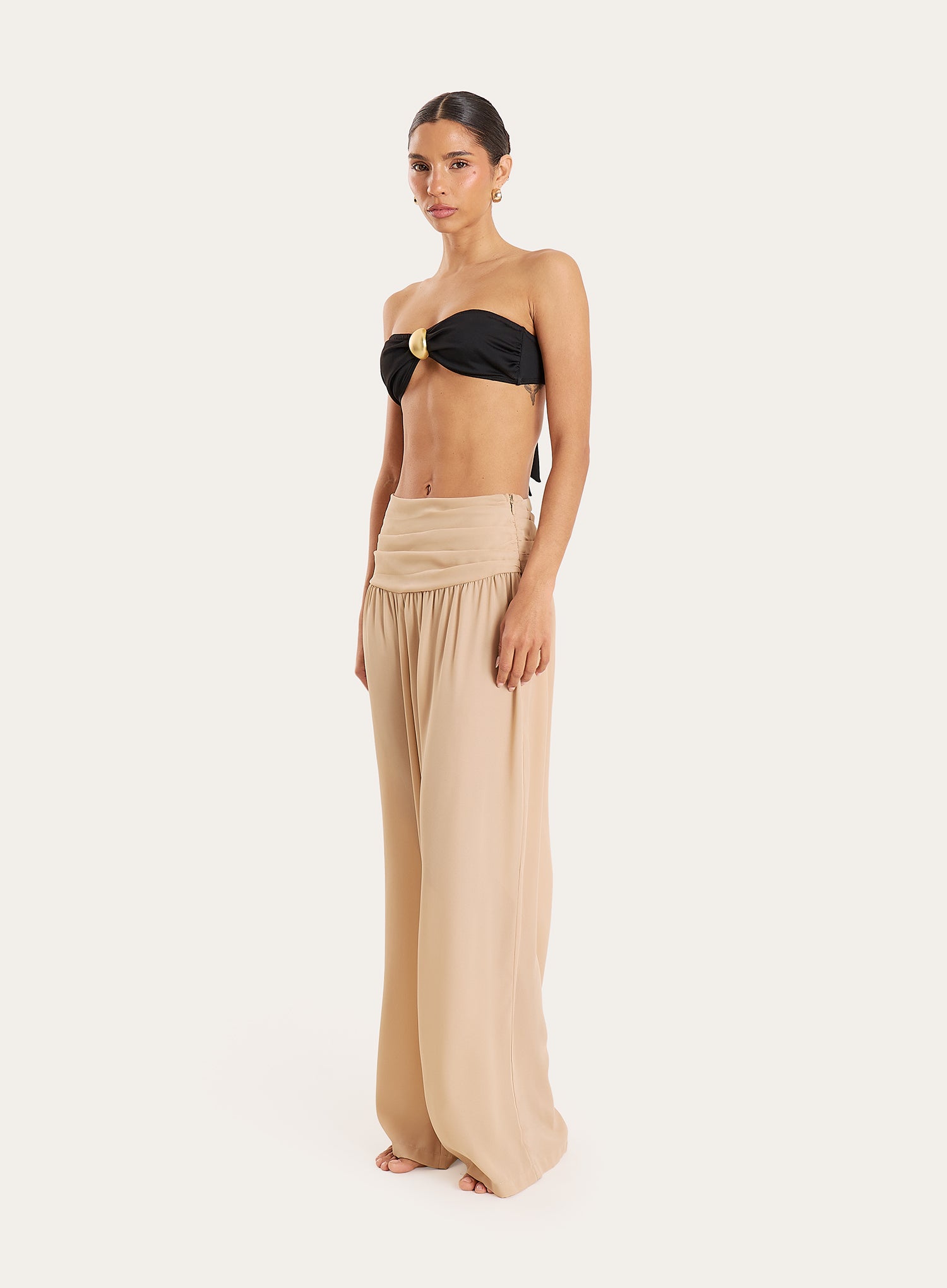 Beige Sheer Ruched Waist Wide Leg Trousers