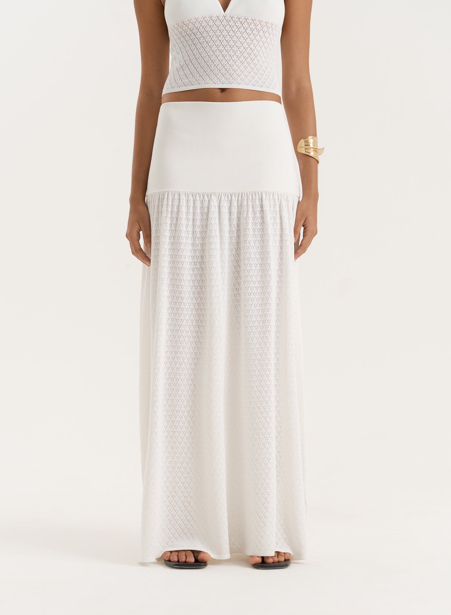 White Contrast Knit Drop Waist Maxi Skirt- Avani