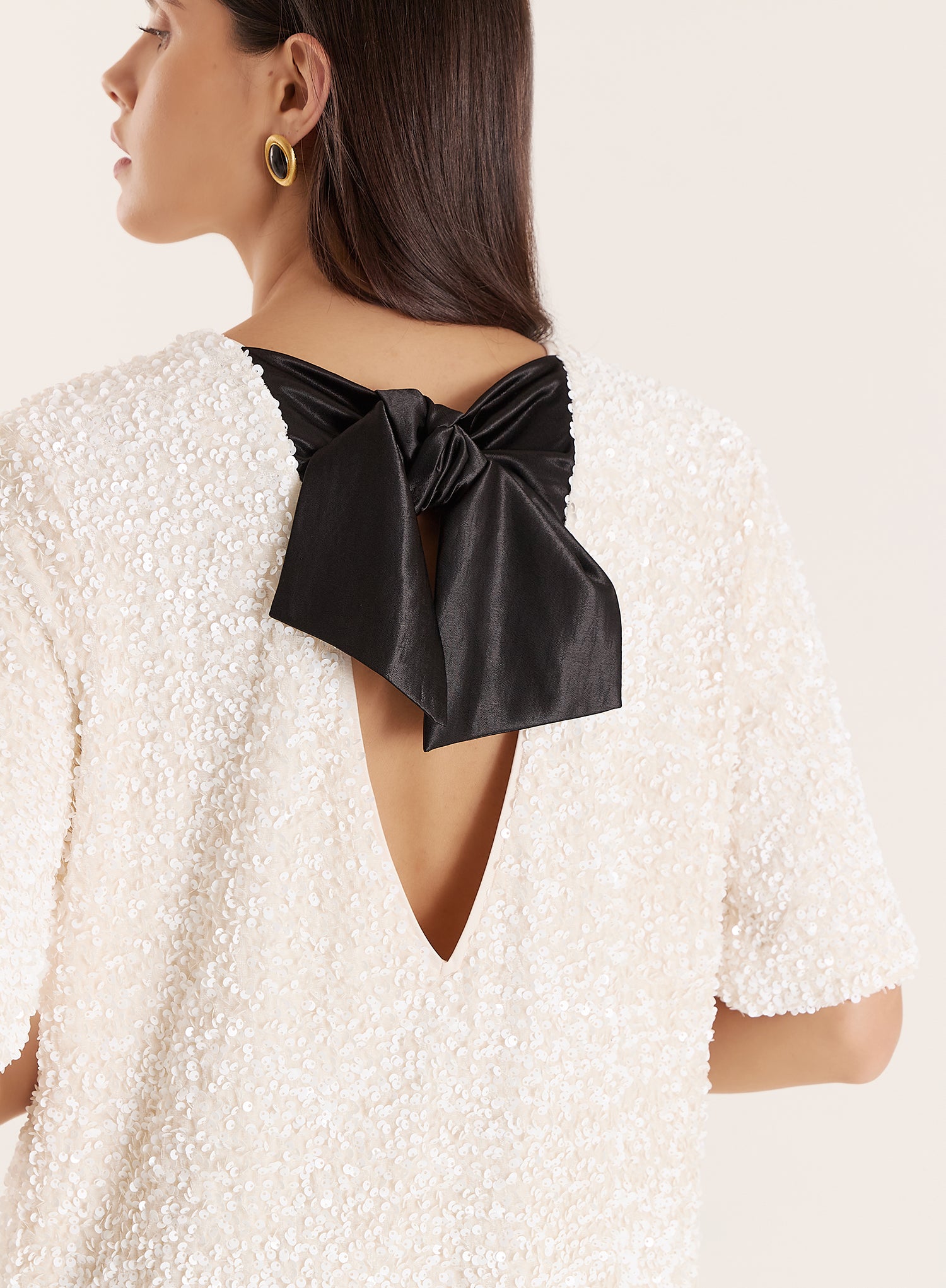 Cream Sequin Bow Tie Back Mini Dress