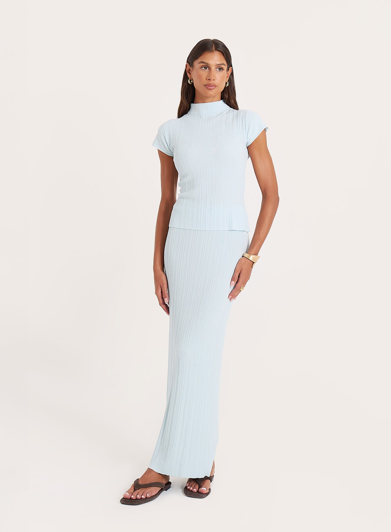 Blue Textured Fine Knit Maxi Skirt