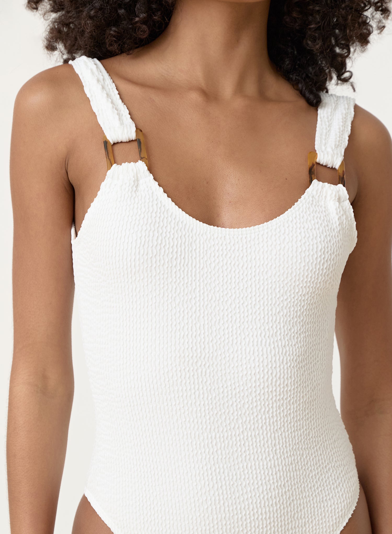 White Crinkle Tortoiseshell Buckle Swimsuit- Cala