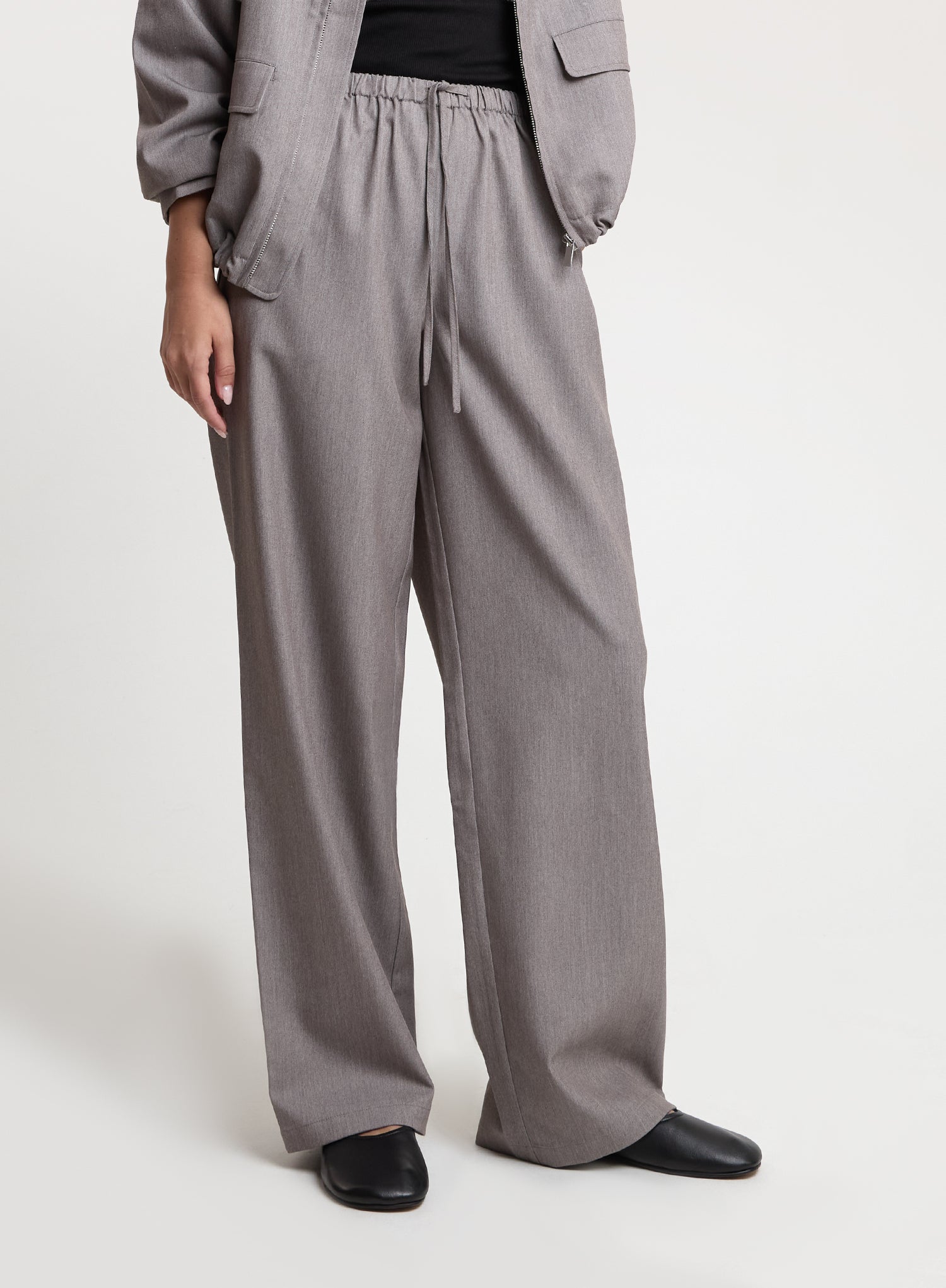 Grey Drawstring Waist Straight Leg Trousers