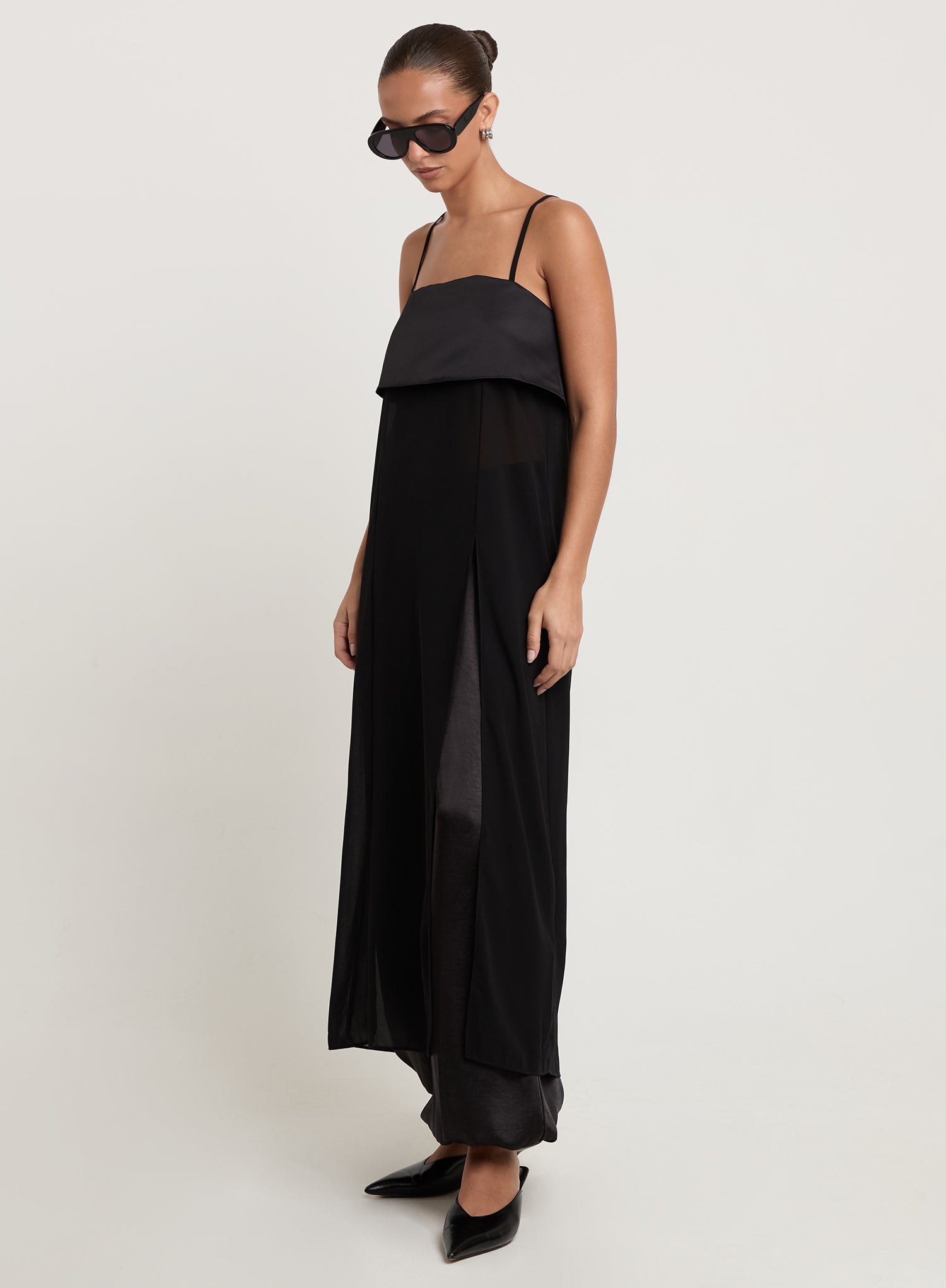 Black Satin And Sheer Chiffon Maxi Cami Top