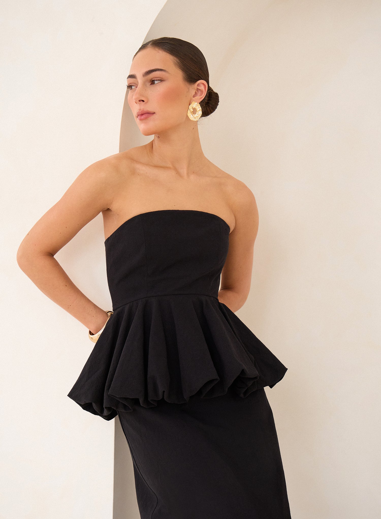 Black Puff Ball Peplum Waist Maxi Dress