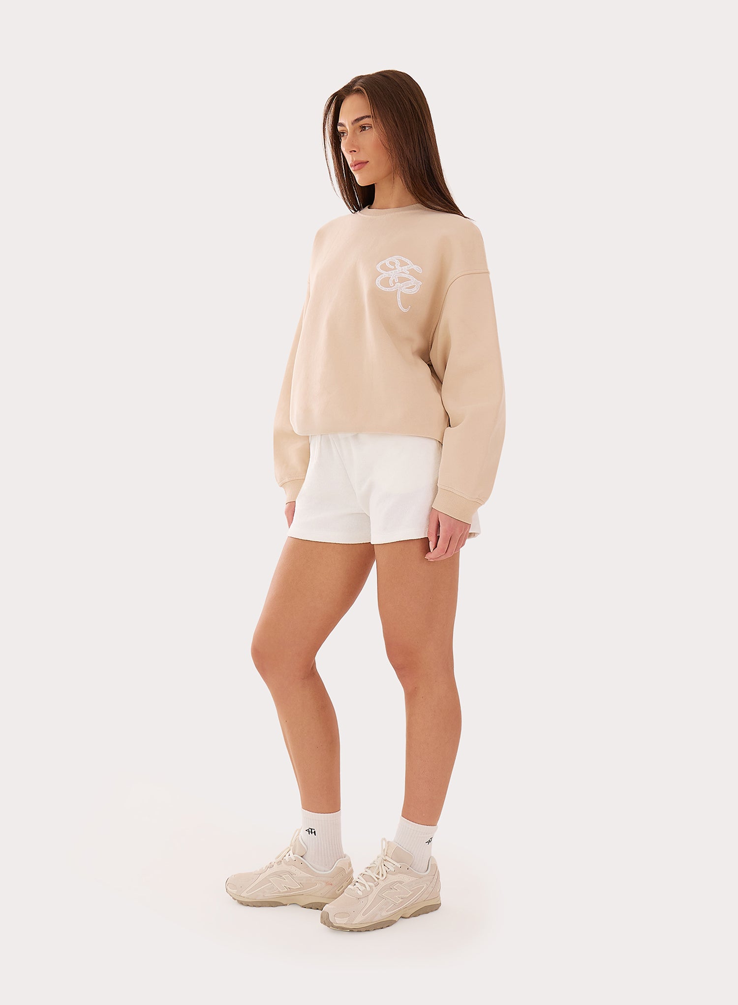 Beige Embroidered Lace Branded Oversized Sweatshirt