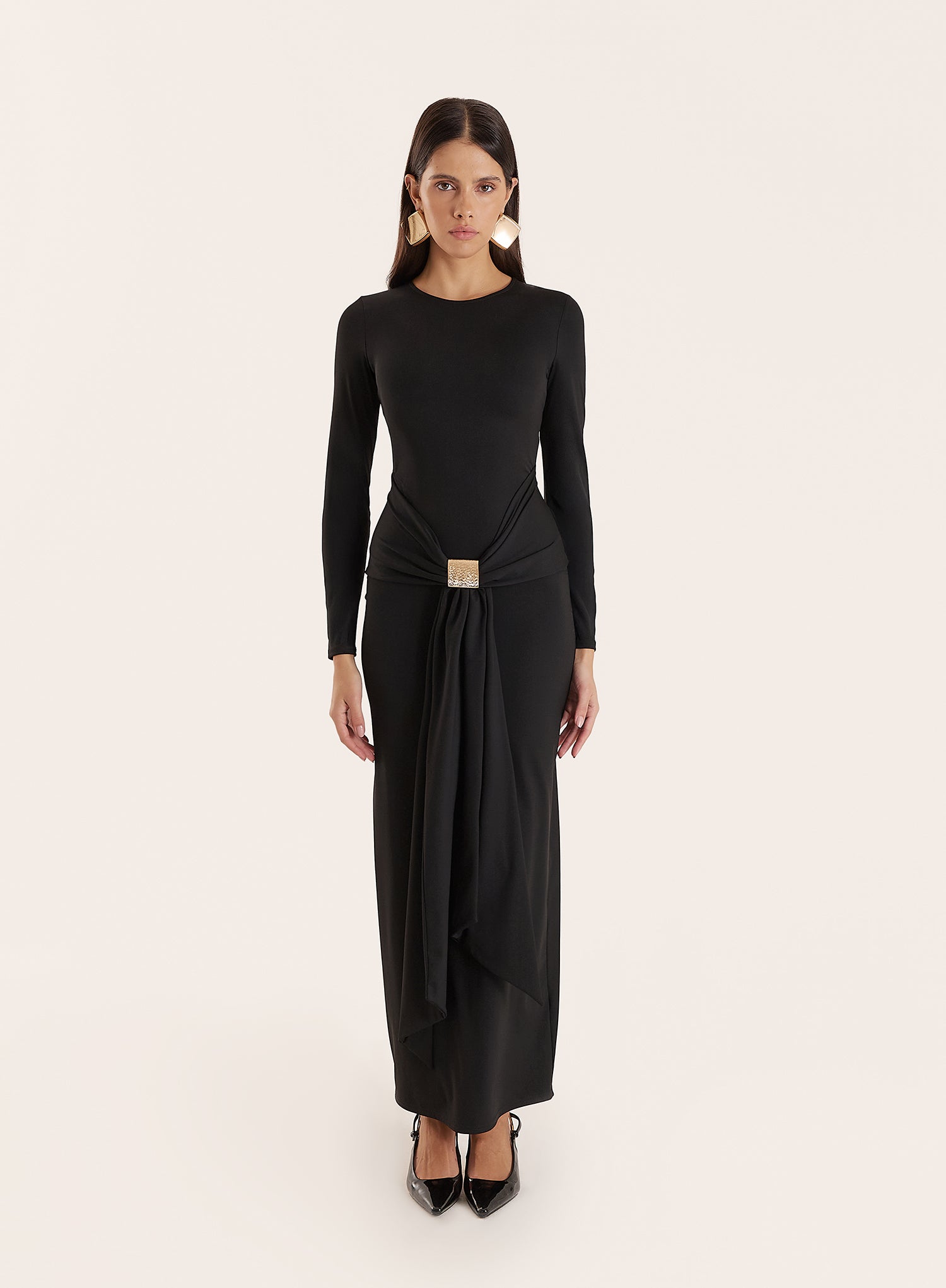 Black Jersey Hardware Waist Detail Maxi Dress