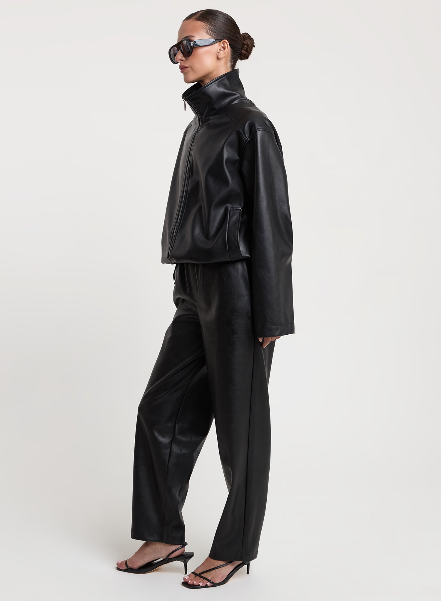 Black Faux Leather Funnel Neck Bomber Jacket
