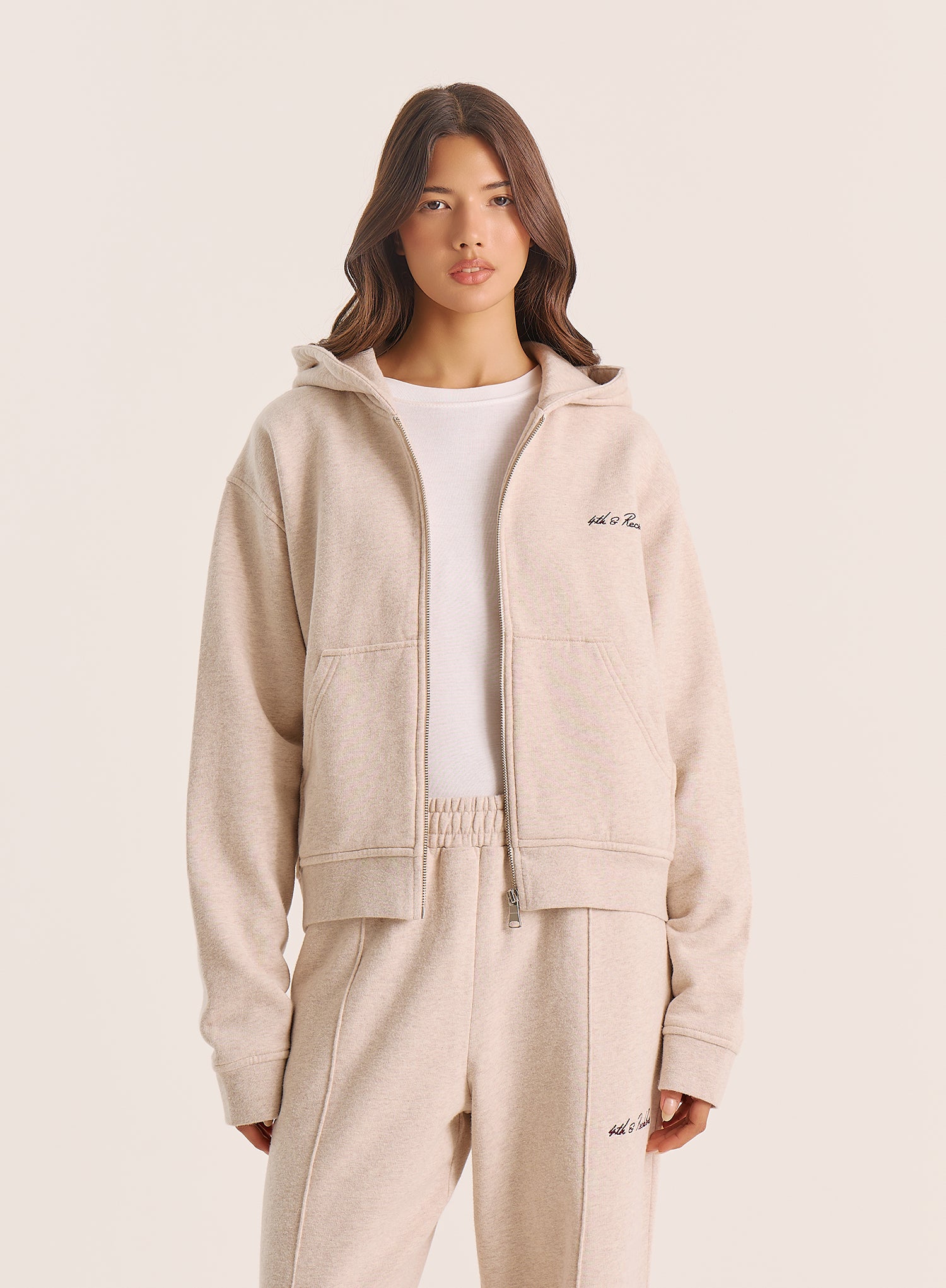 Oatmeal Script Logo Detail Zip Hoodie