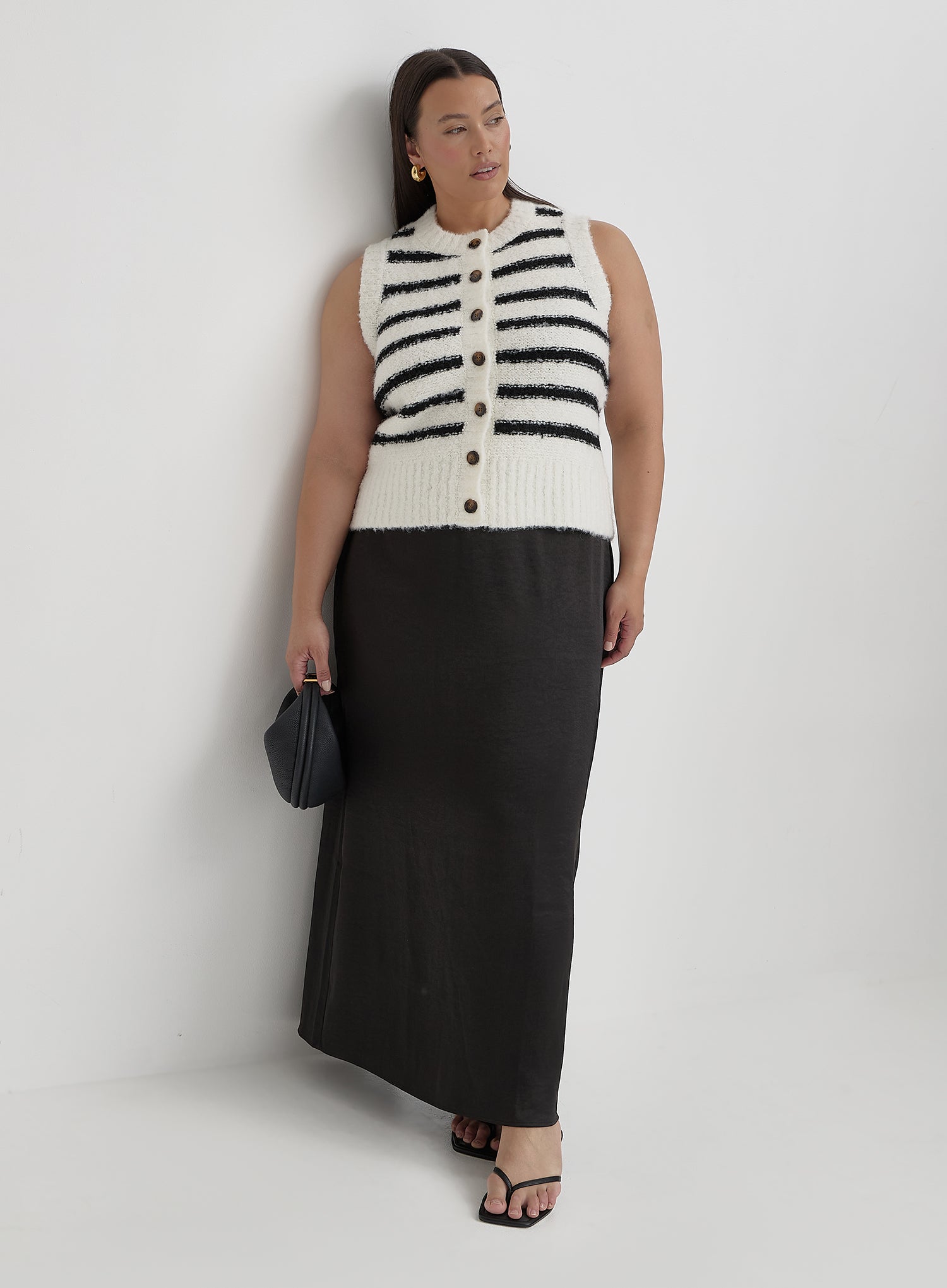 Black And Cream Plus Size Stripe Knitted Waistcoat- Daphie