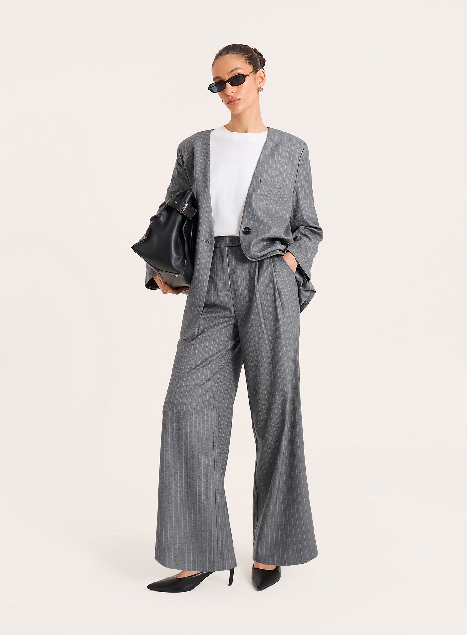 Grey Pinstripe Tailored Wide Leg Trousers