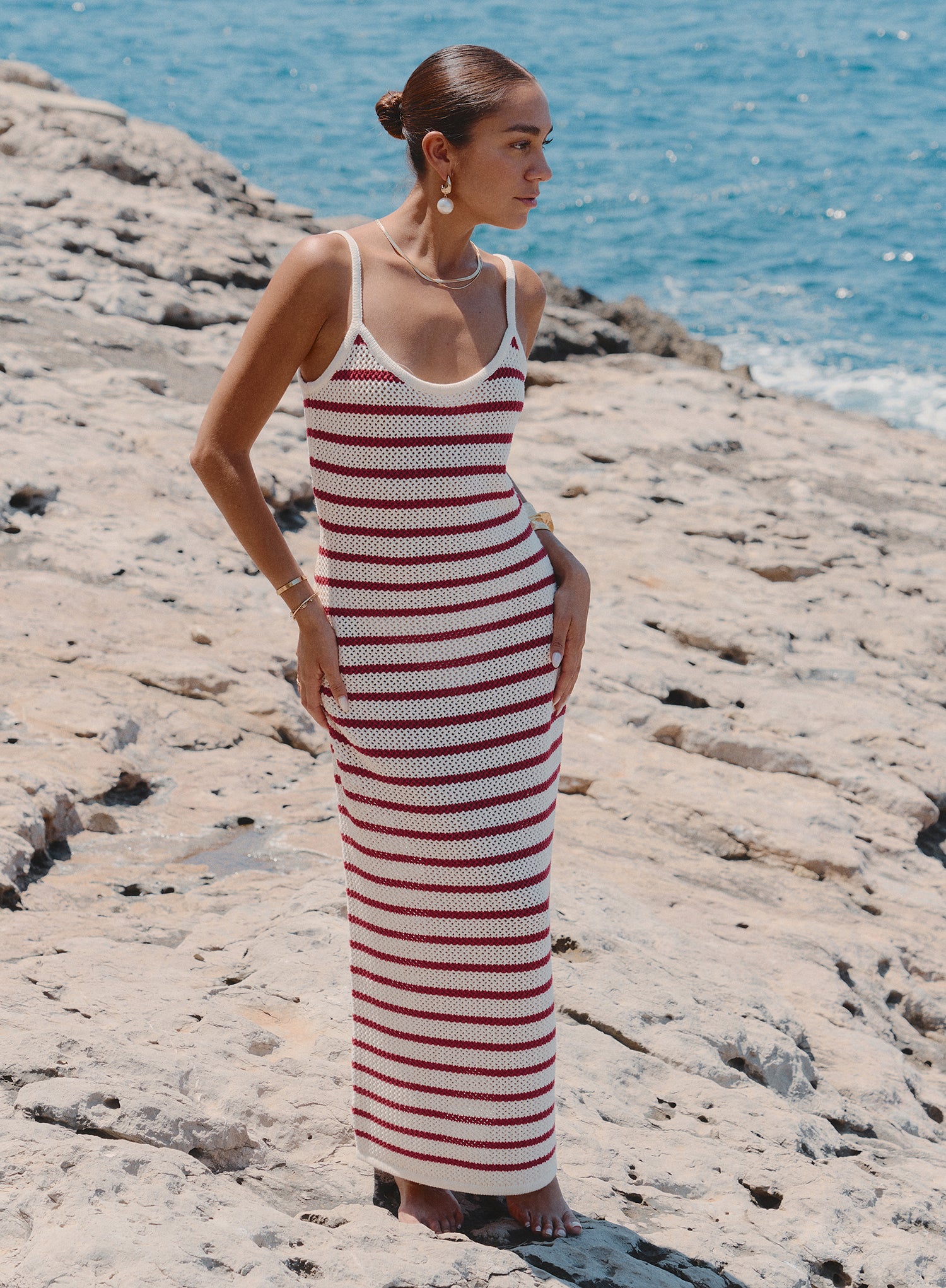 Red And White Stripe Knitted Maxi Dress