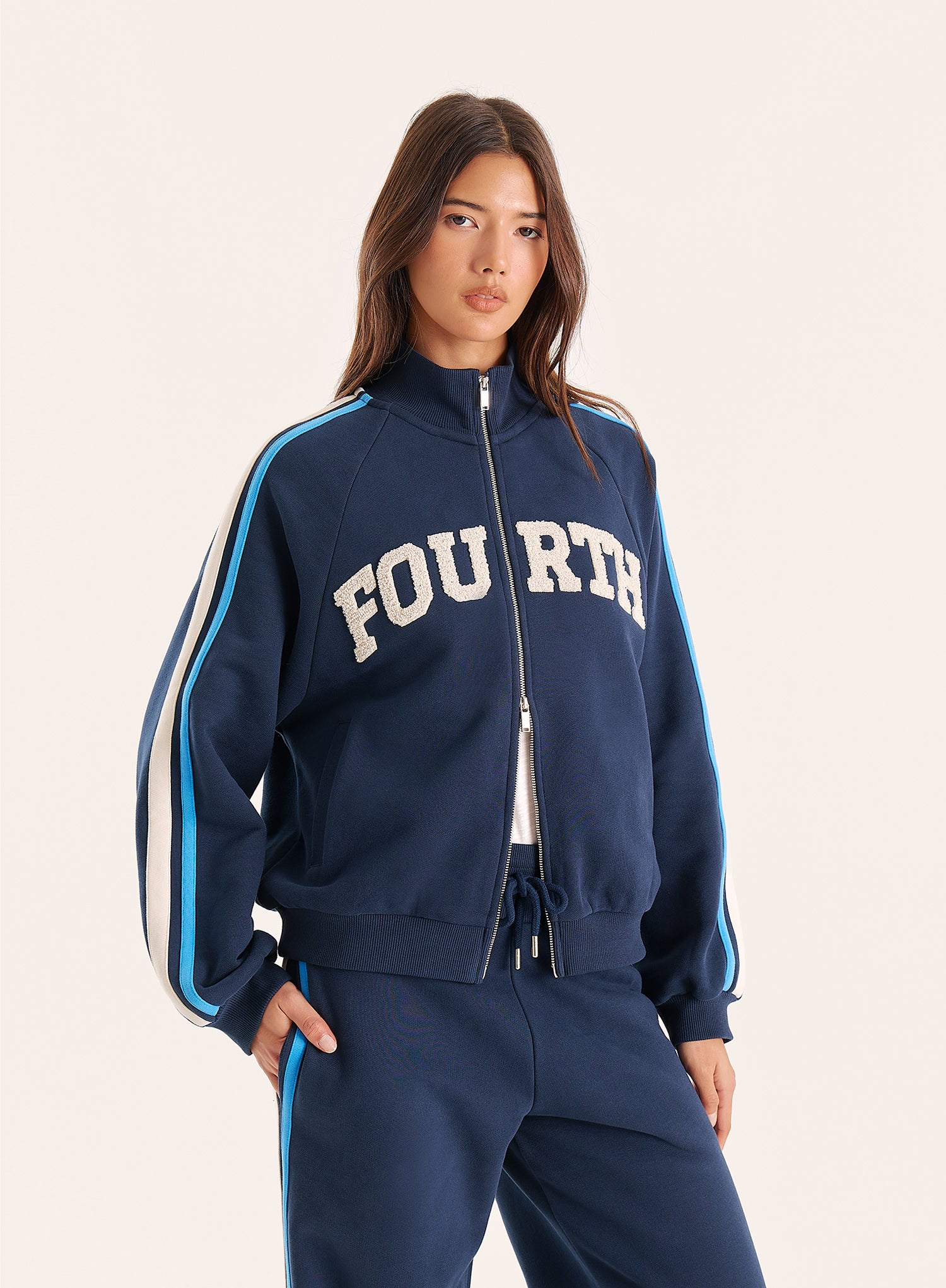 Navy Side Stripe Double Zip Funnel Neck Track Jacket