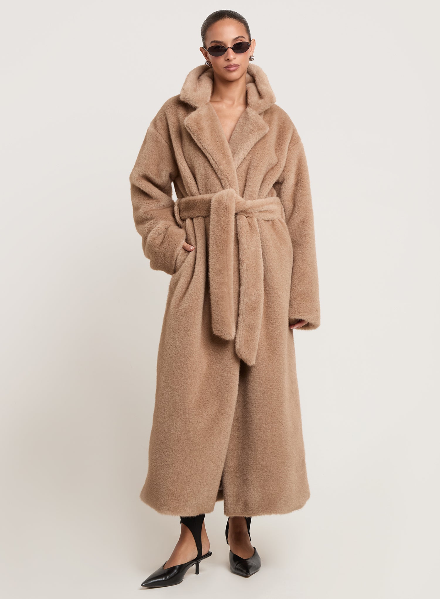Beige Belted Maxi Faux Fur Coat