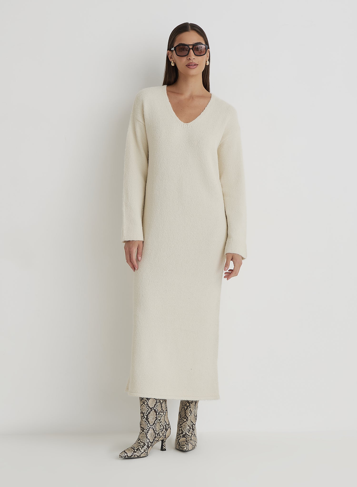 Cream V Neck Knitted Maxi Dress