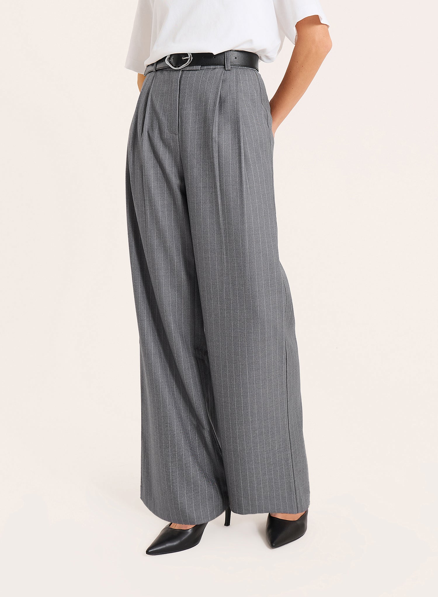 Grey Pinstripe Tailored Wide Leg Trousers