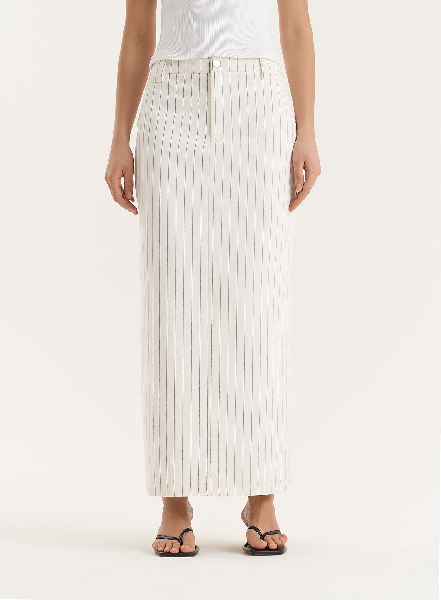 White Pinstripe Tailored Denim Maxi Skirt- Dionne