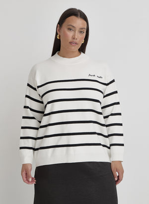 Cream And Navy Plus Size Stripe Jumper- Myda