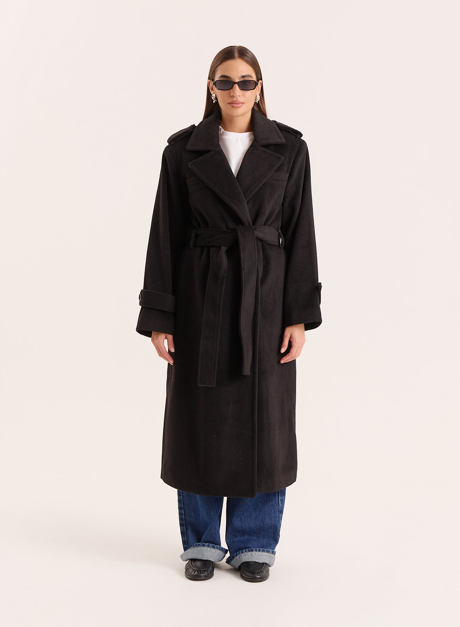 Black Tailored Belted Longline Trench Coat