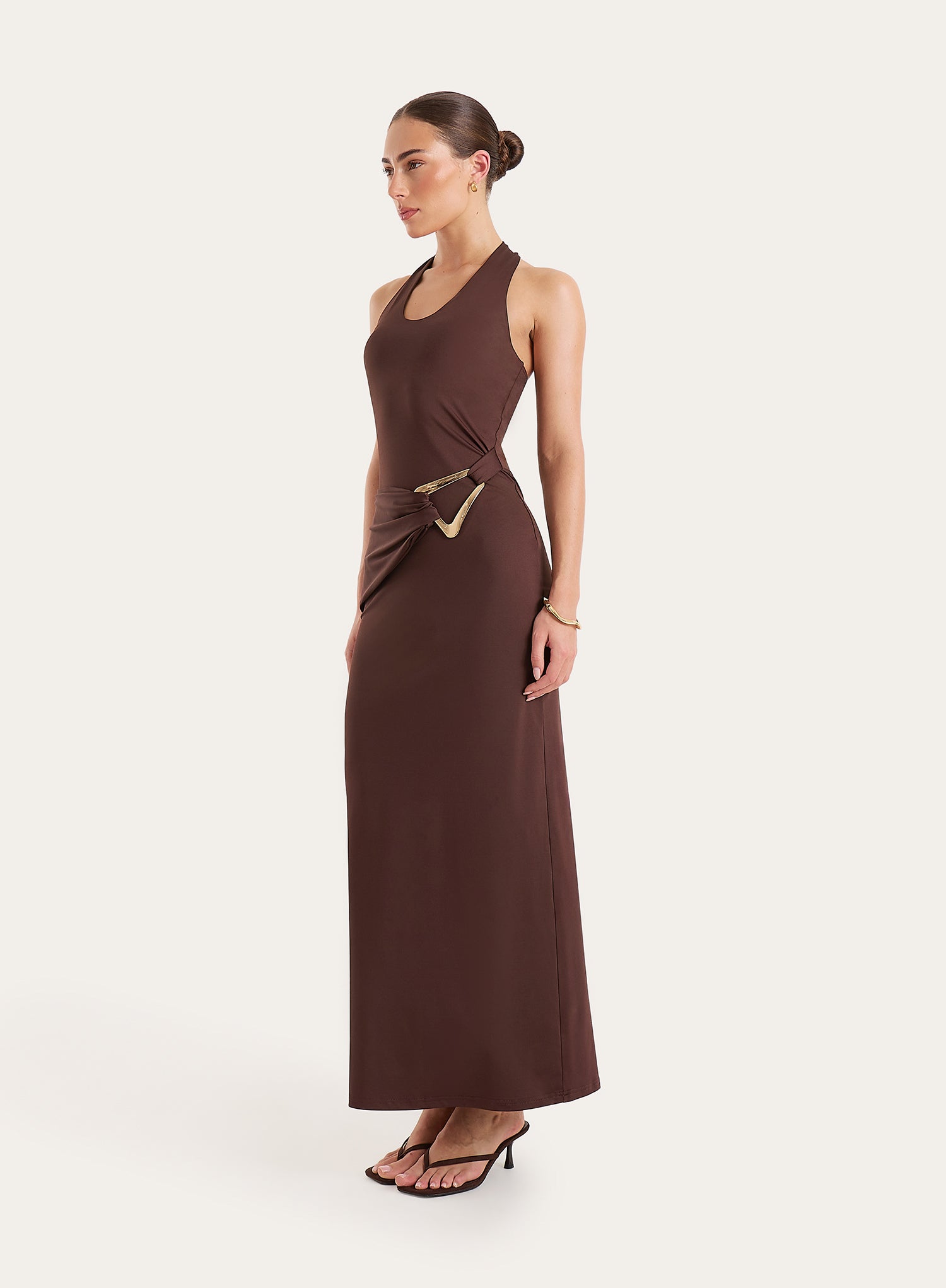 Chocolate Halterneck Jersey Hardware Belt Detail Maxi Dress