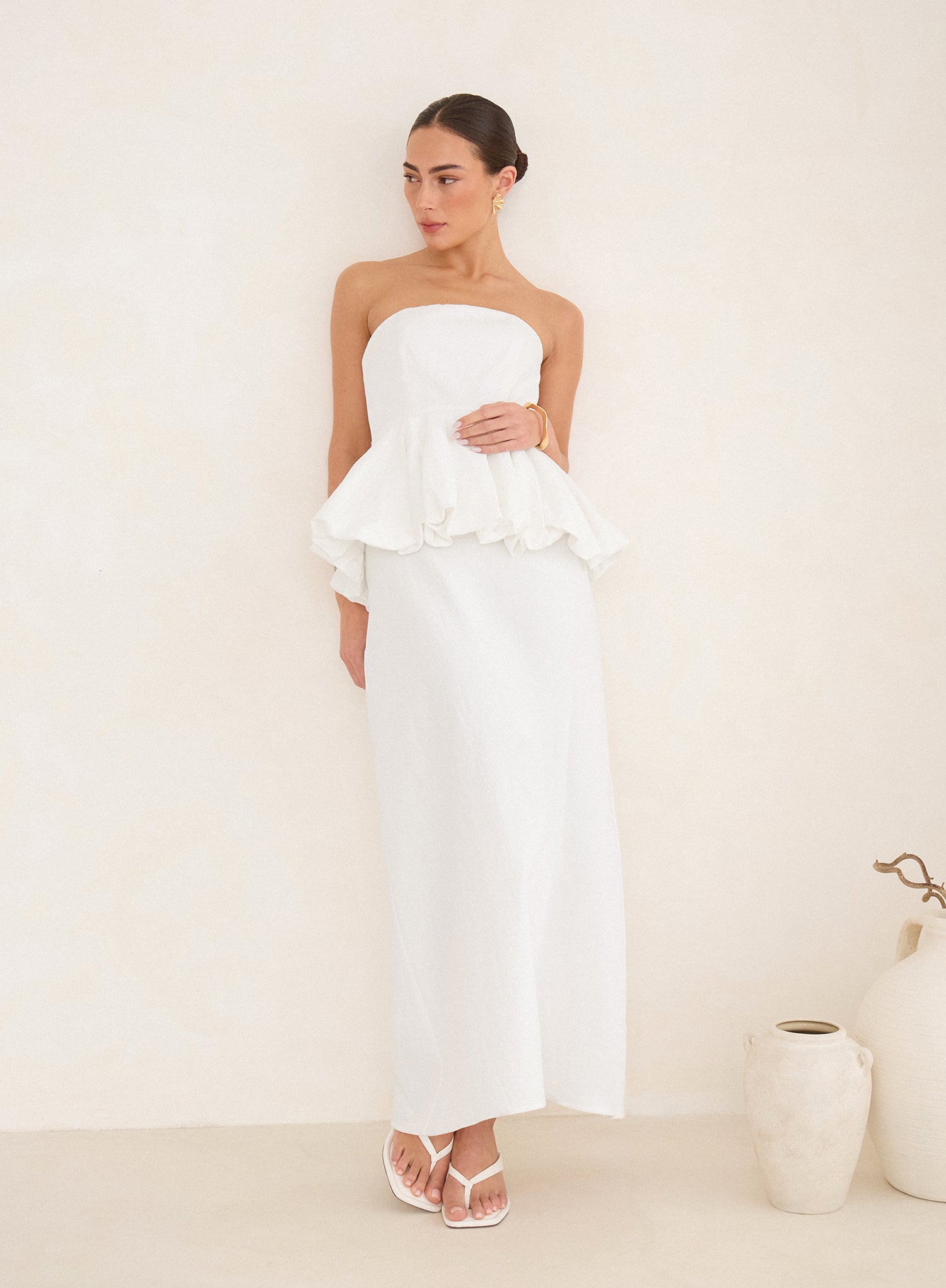 White Puff Ball Peplum Waist Maxi Dress