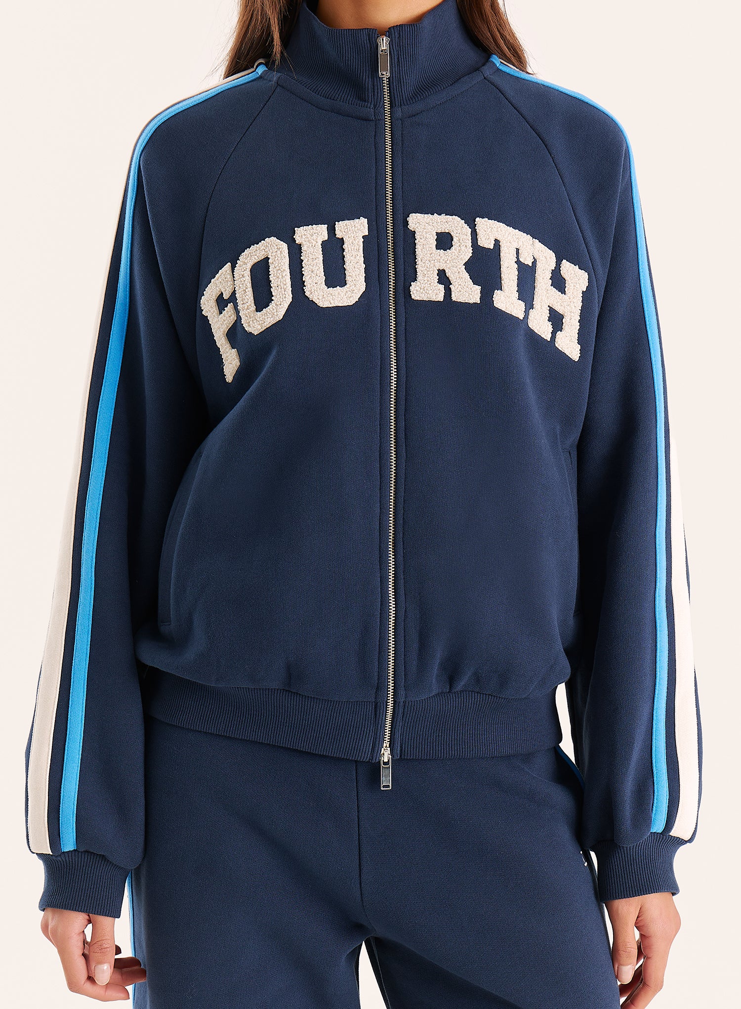 Navy Side Stripe Double Zip Funnel Neck Track Jacket