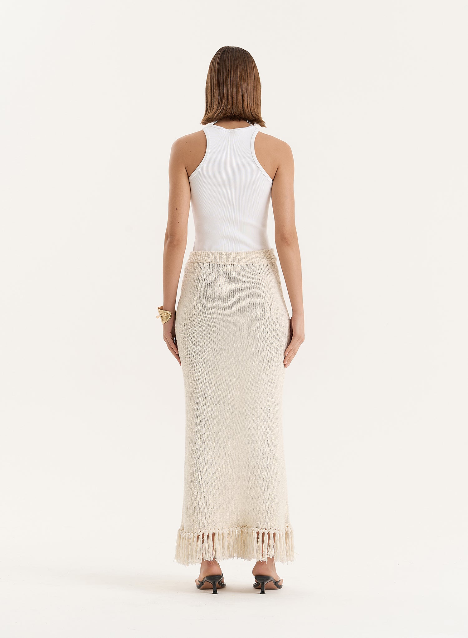 Beige Knitted Tassel Trim Maxi Skirt- Lauryn