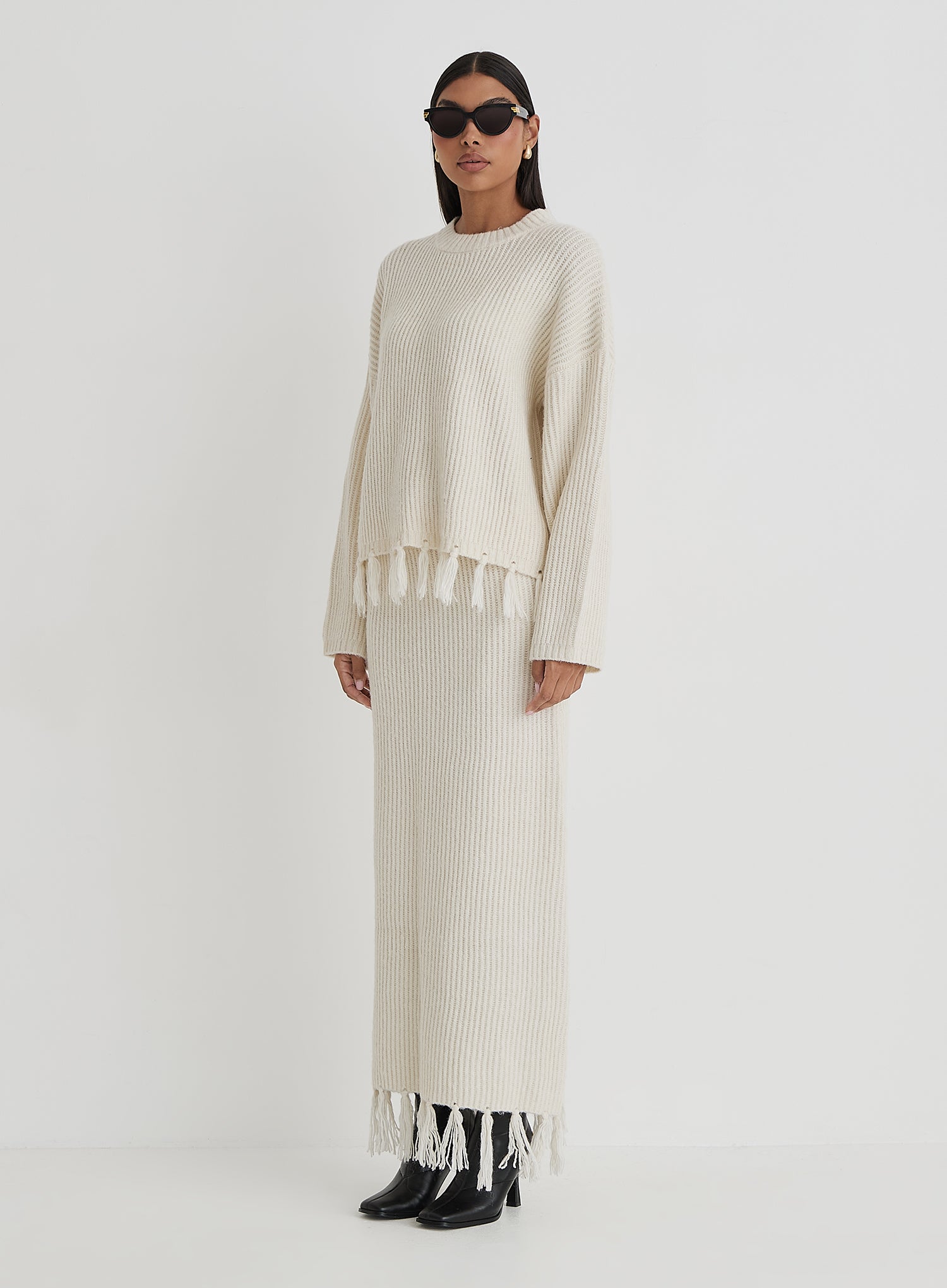 Cream Knit Tassle Trim Maxi Skirt- Fallon