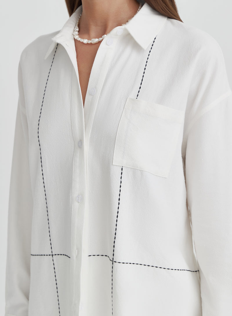 Off White Contrast Stitch Linen Oversized Shirt- Genevive