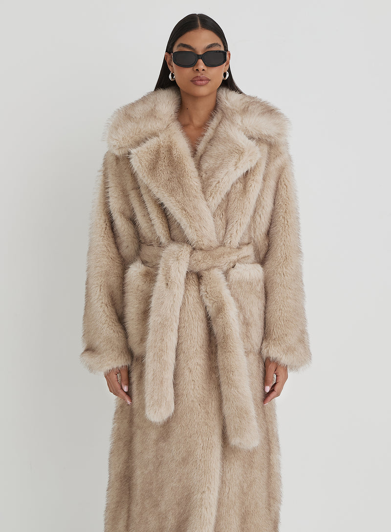 Beige Faux Fur Oversized Tie Waist Maxi Coat- Schiffer