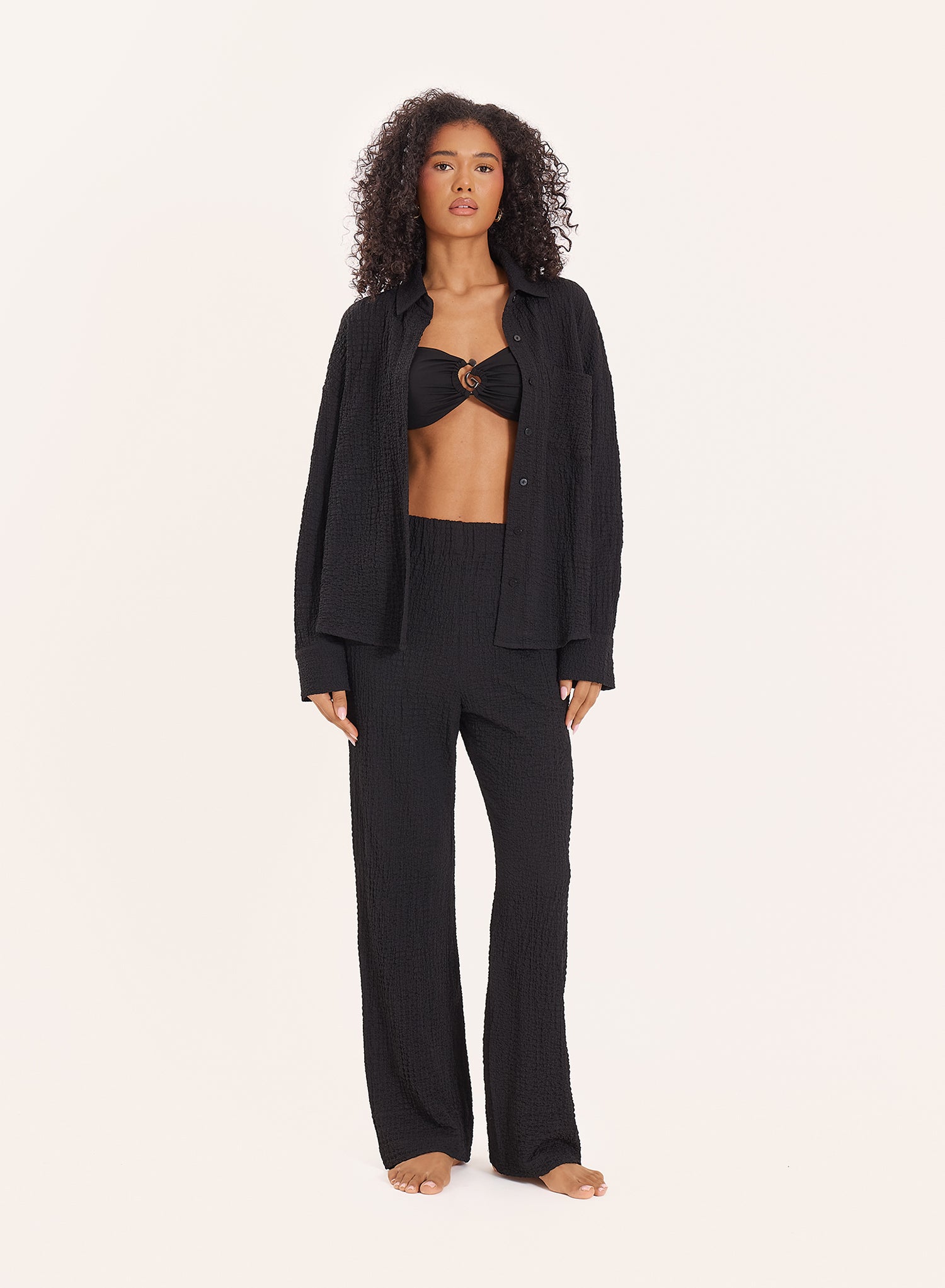 Black Crinkle Effect Buttoned Shirt- Roselle