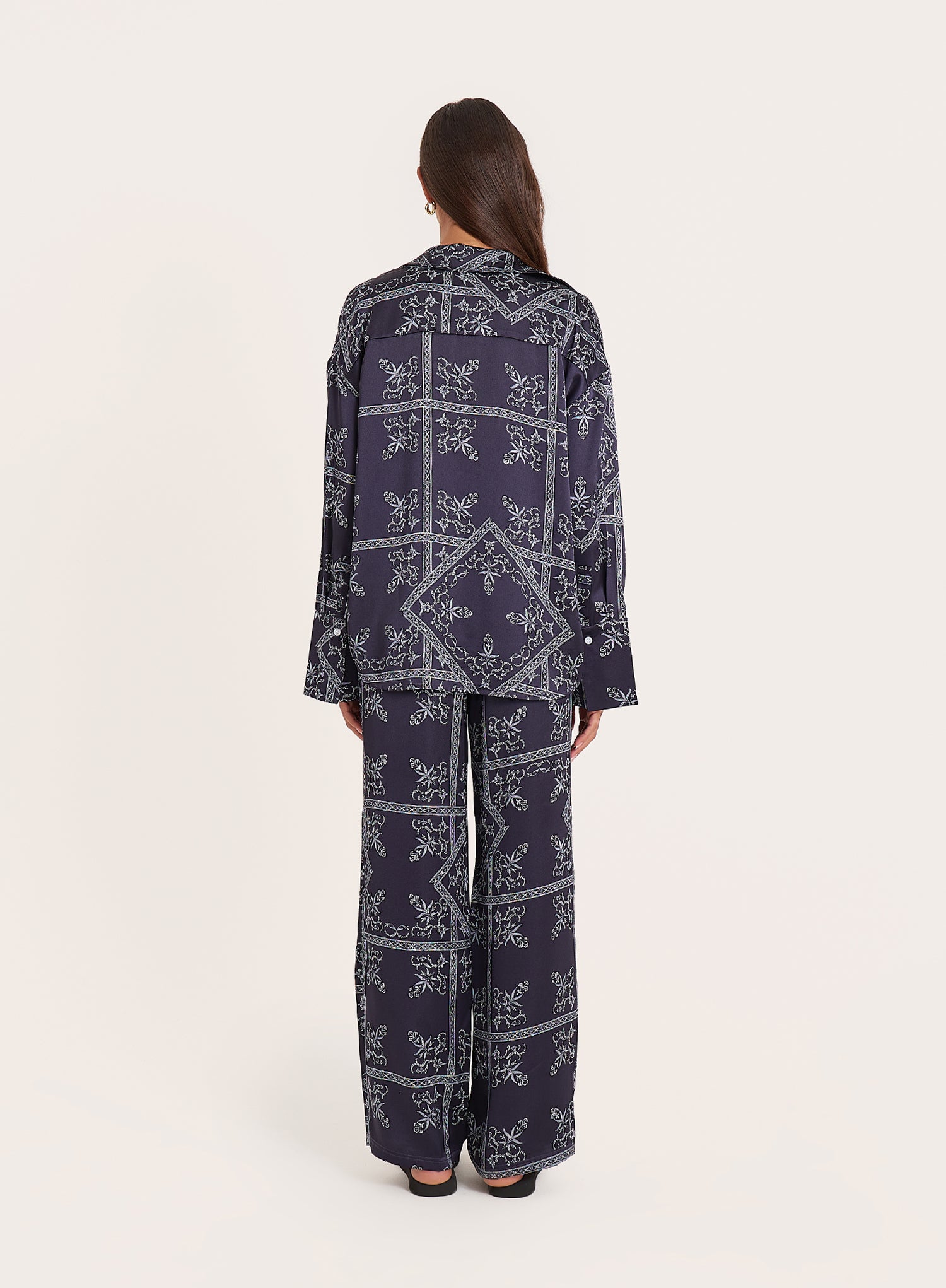 Navy Paisley Print Satin Trousers