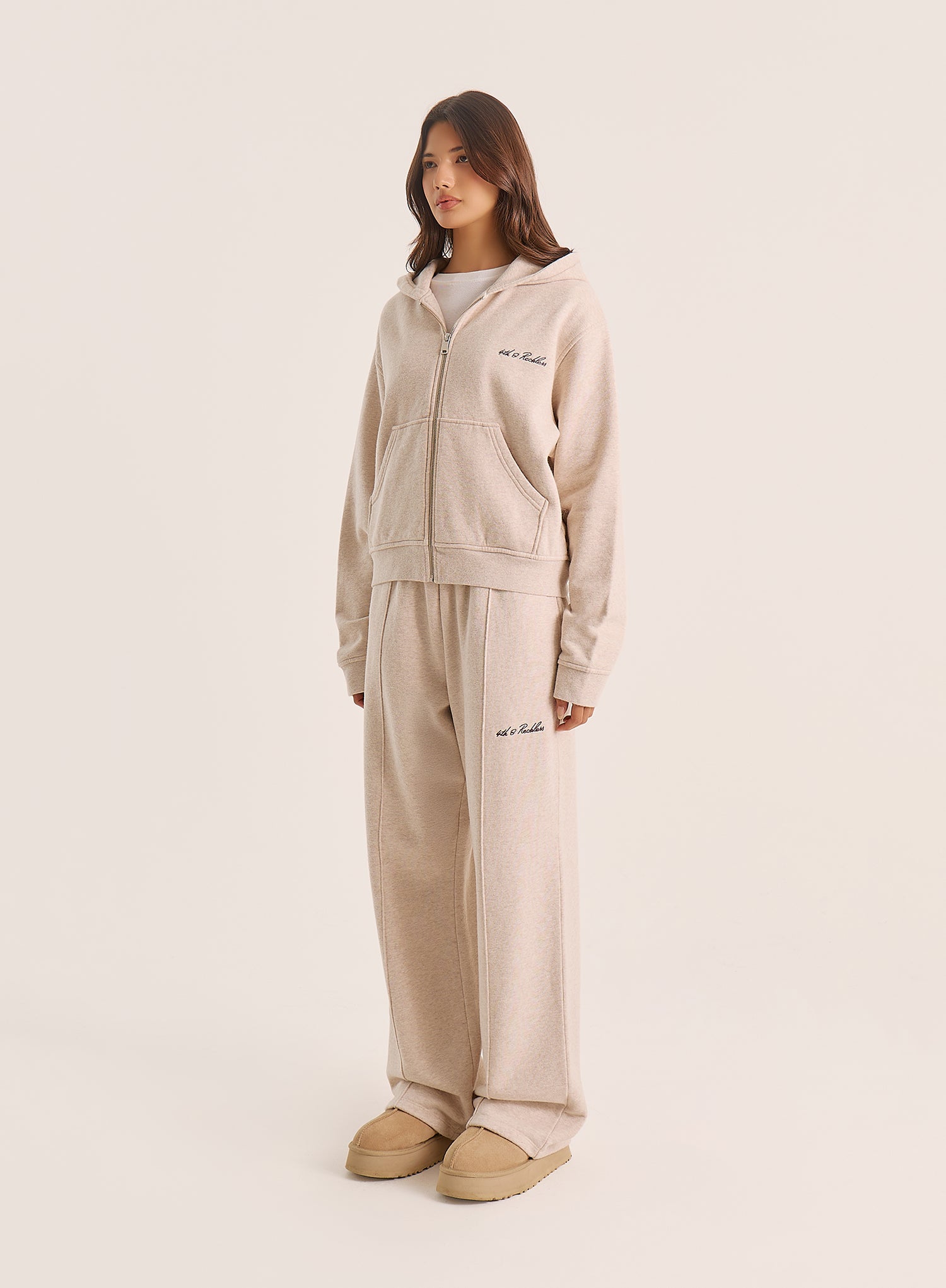 Oatmeal Script Logo Detail Zip Hoodie