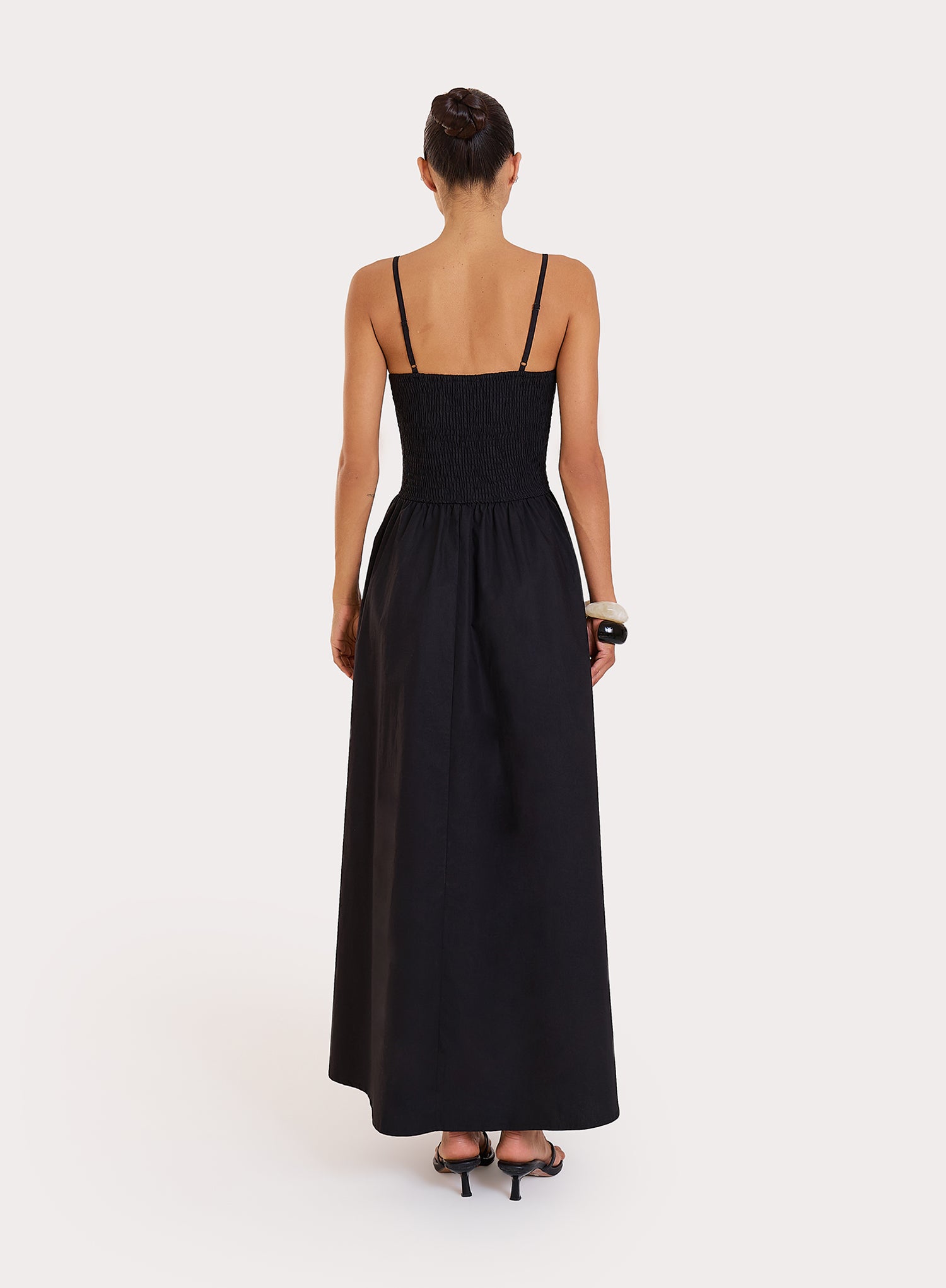 Black Shirred Cotton Maxi Dress- Milano