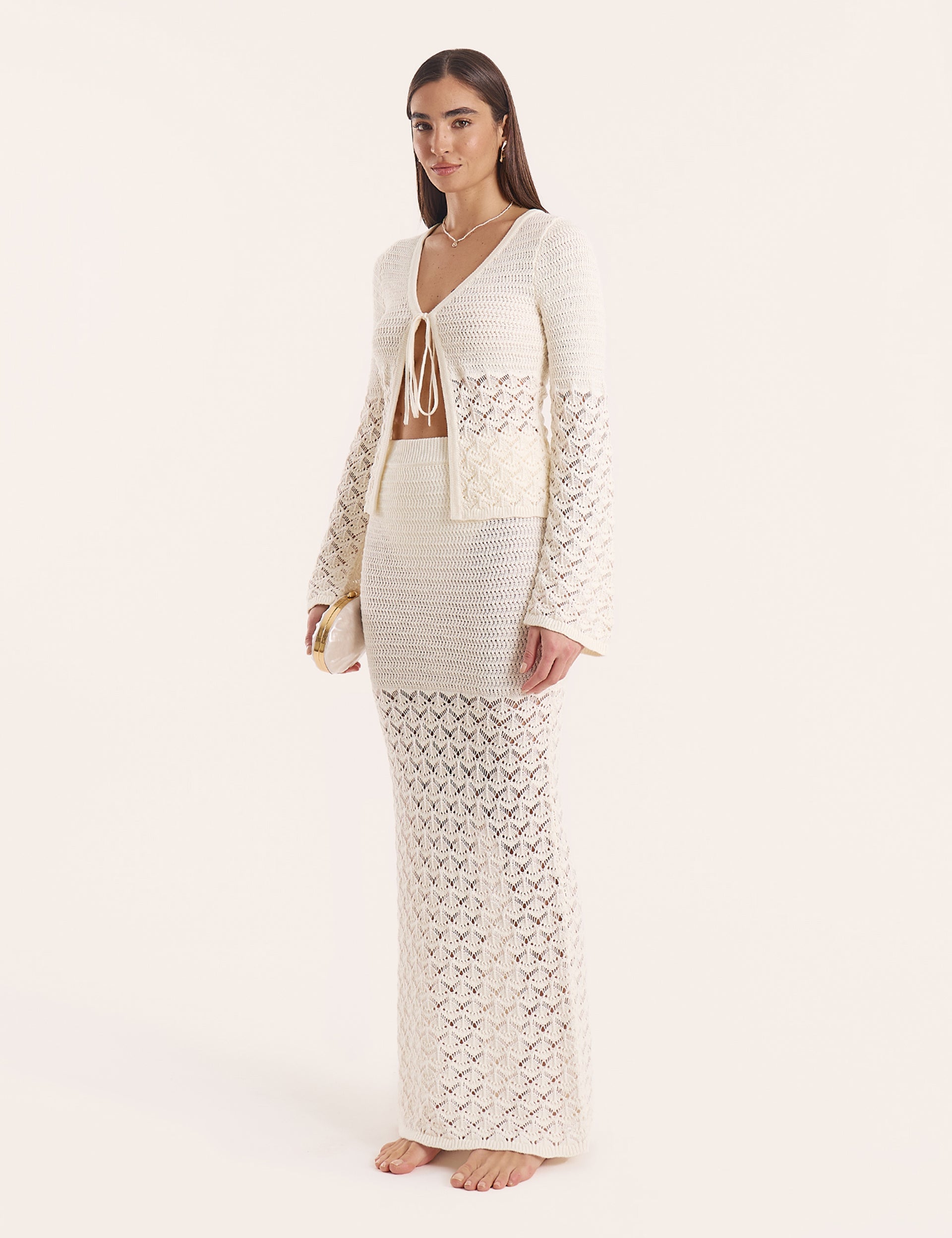 Cream Crochet Tie Front Longsleeve Top