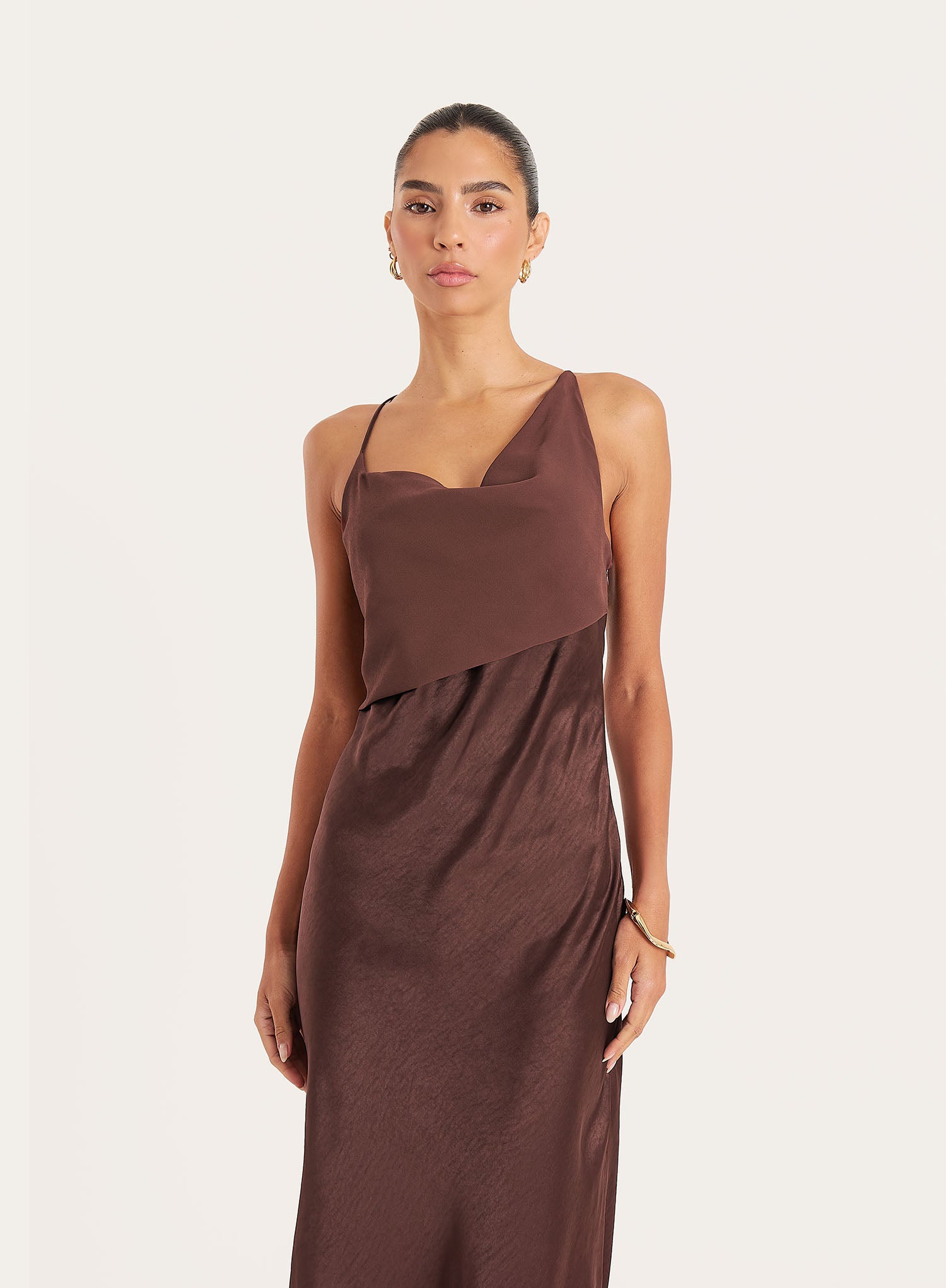 Chocolate Cowl Neck Satin And Chiffon Maxi Dress