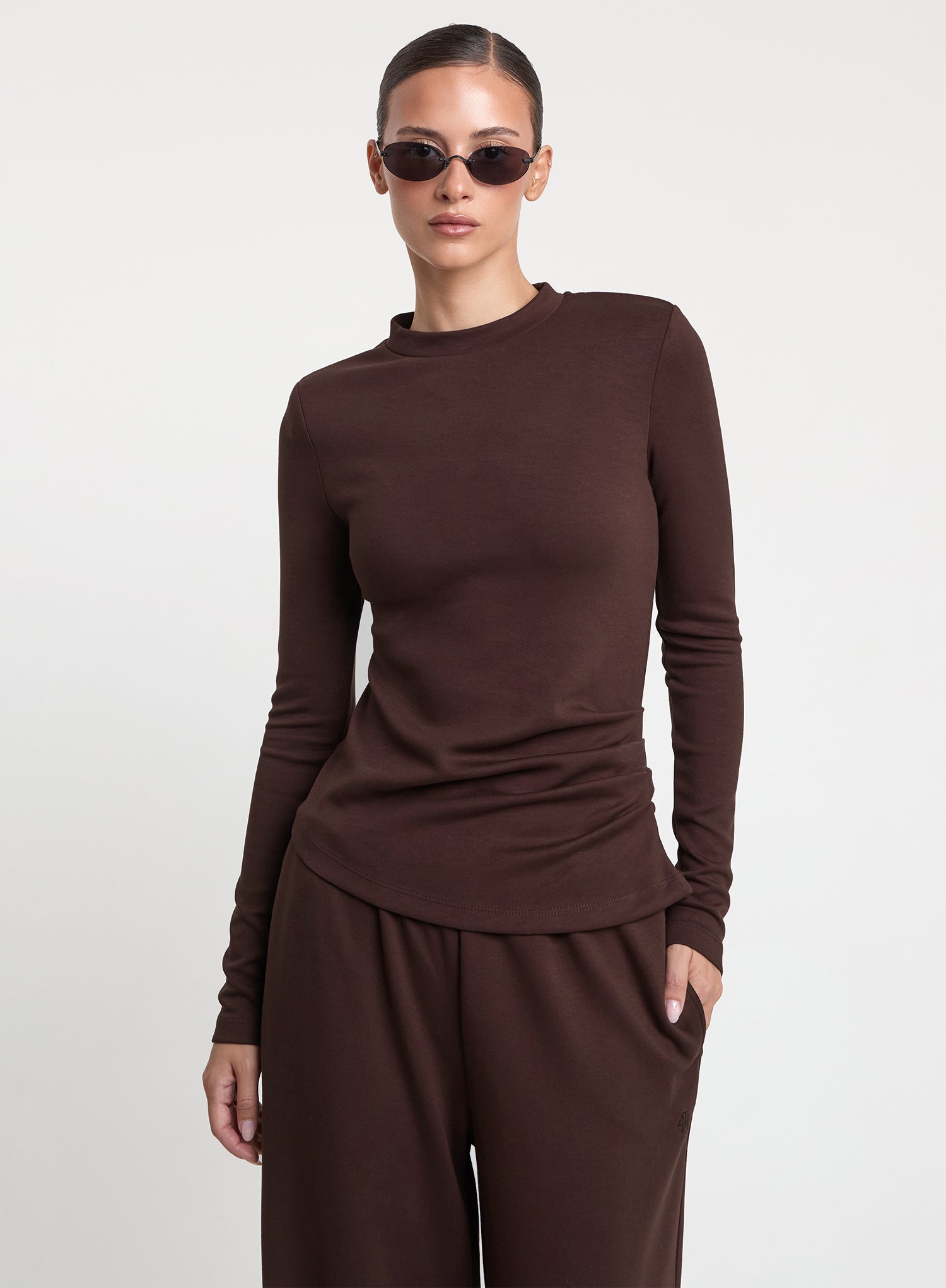 Chocolate Brown Ruched Side Long Sleeve Top
