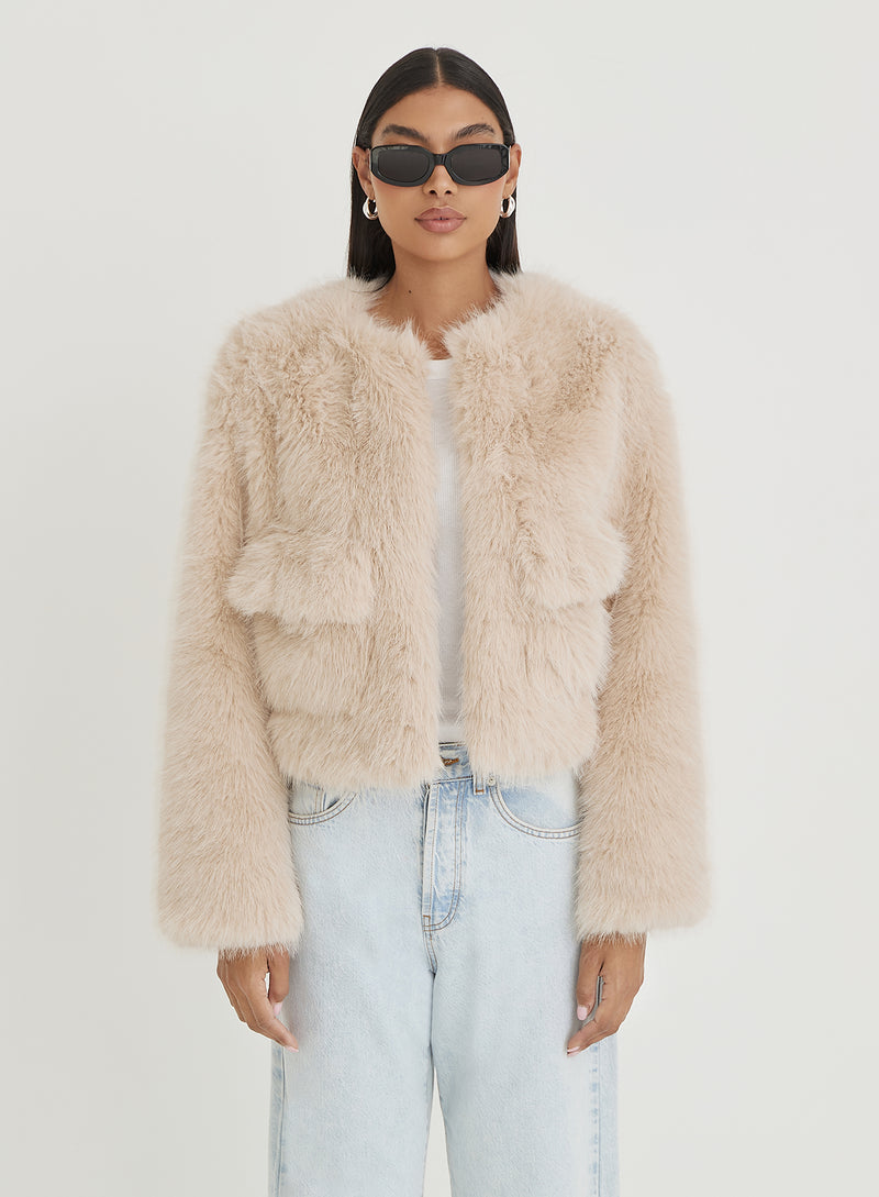 Beige Faux Fur Cropped Jacket- Reysha