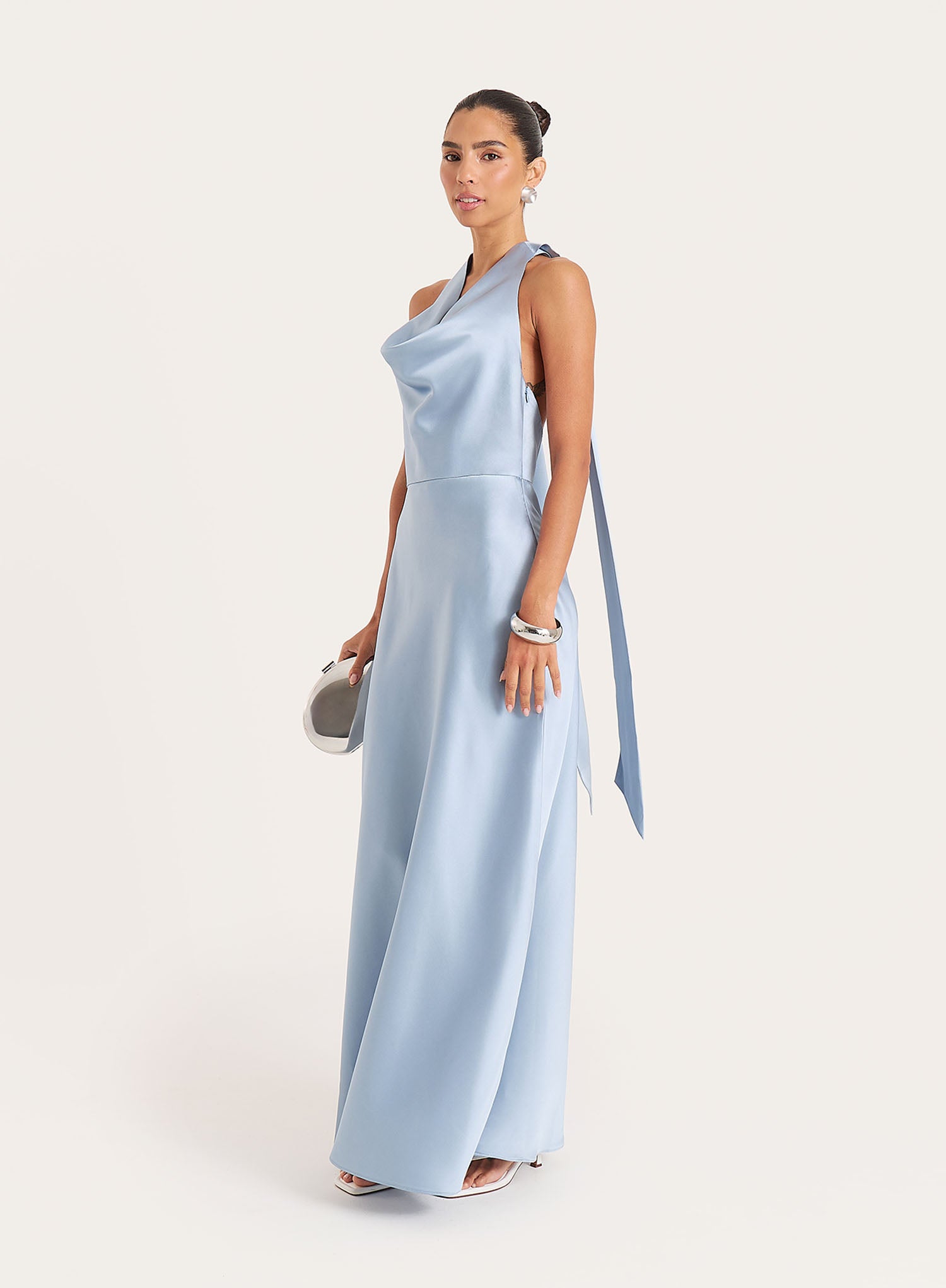 Blue Satin Cowl Neck Maxi Dress