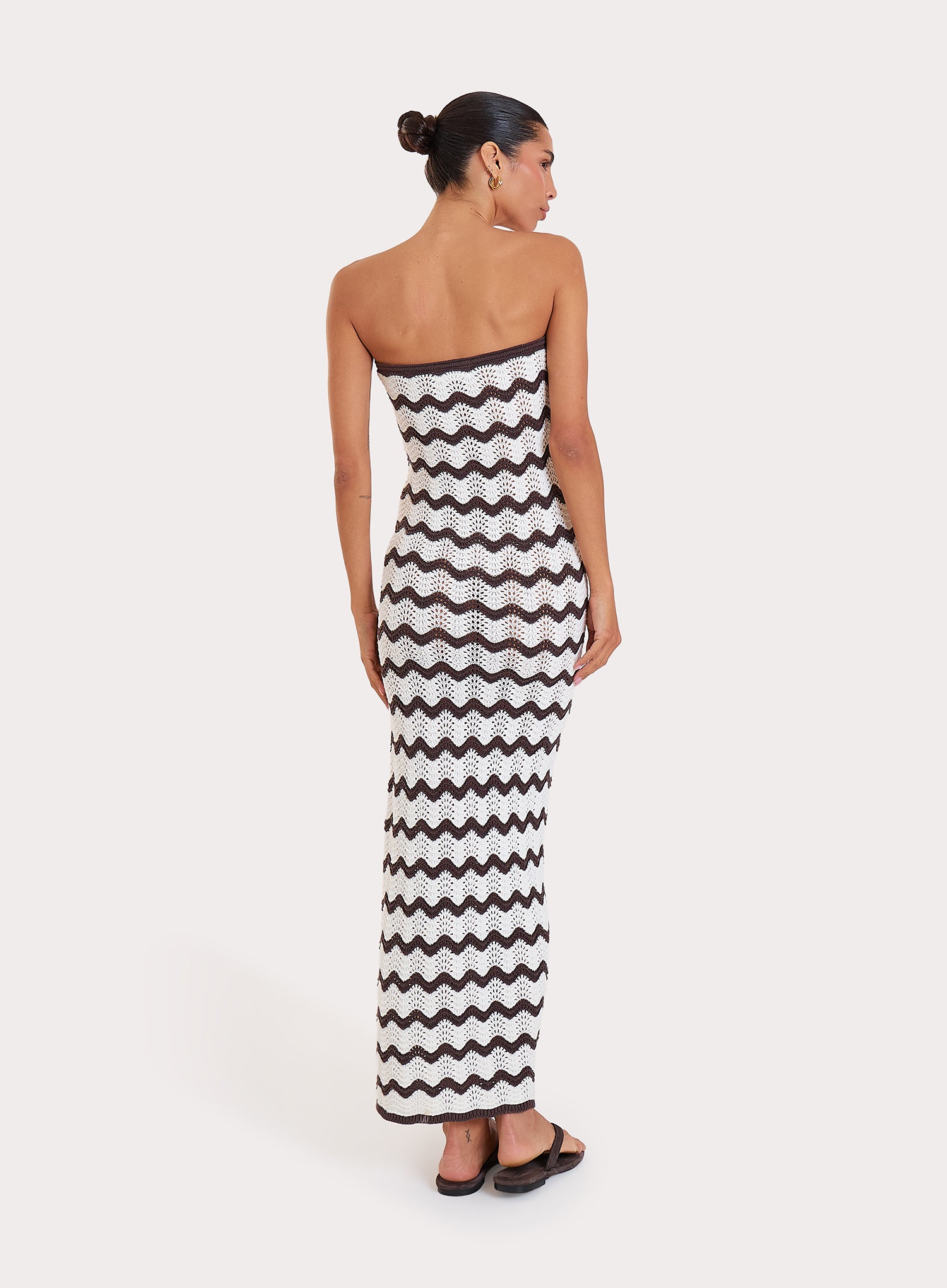 Chocolate And Cream Chevron Print Knitted Bandeau Maxi Dress