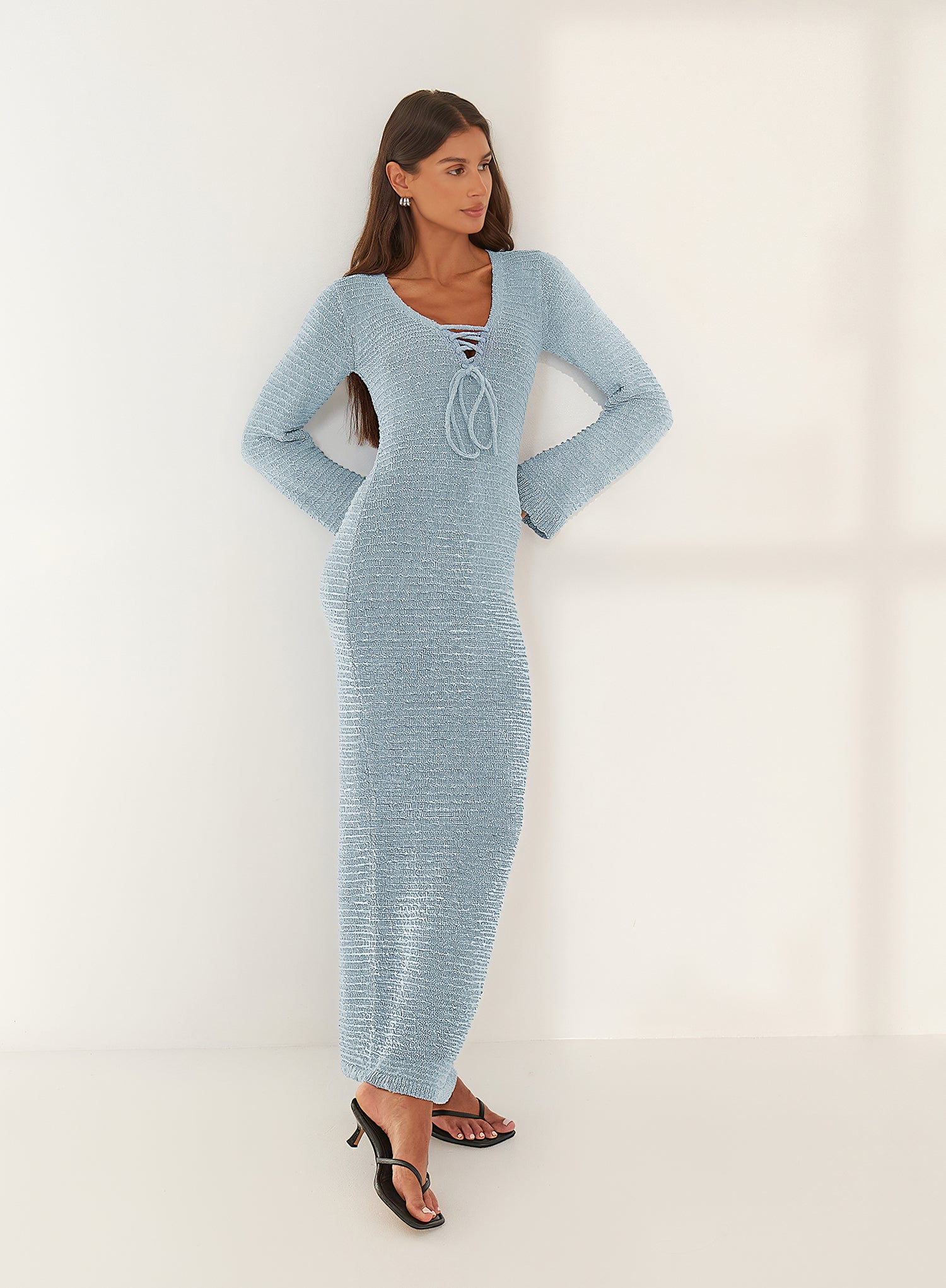 Blue Knitted Tie Front Maxi Dress