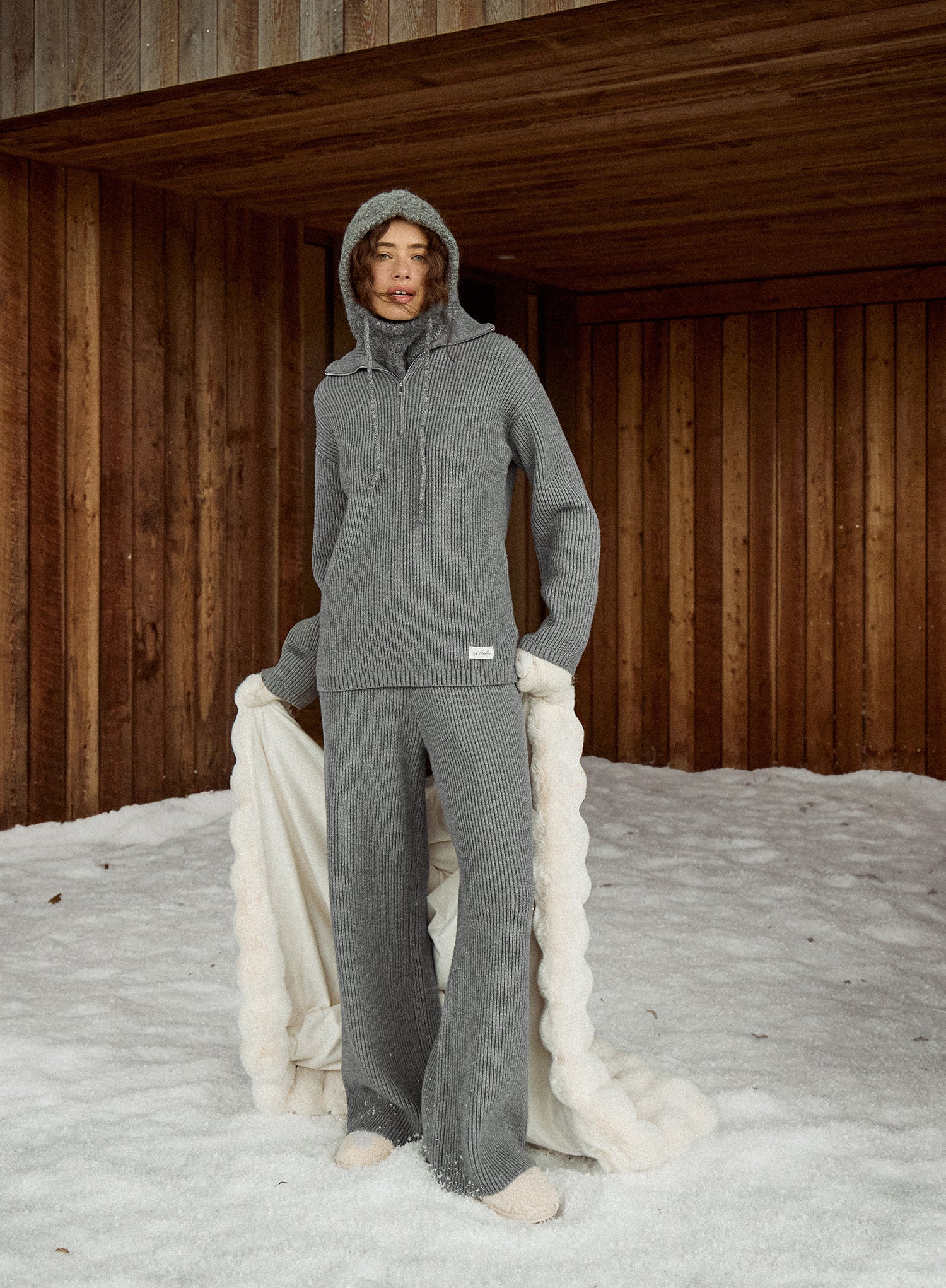 Light Grey Ribbed Knitted Wide Leg Trousers