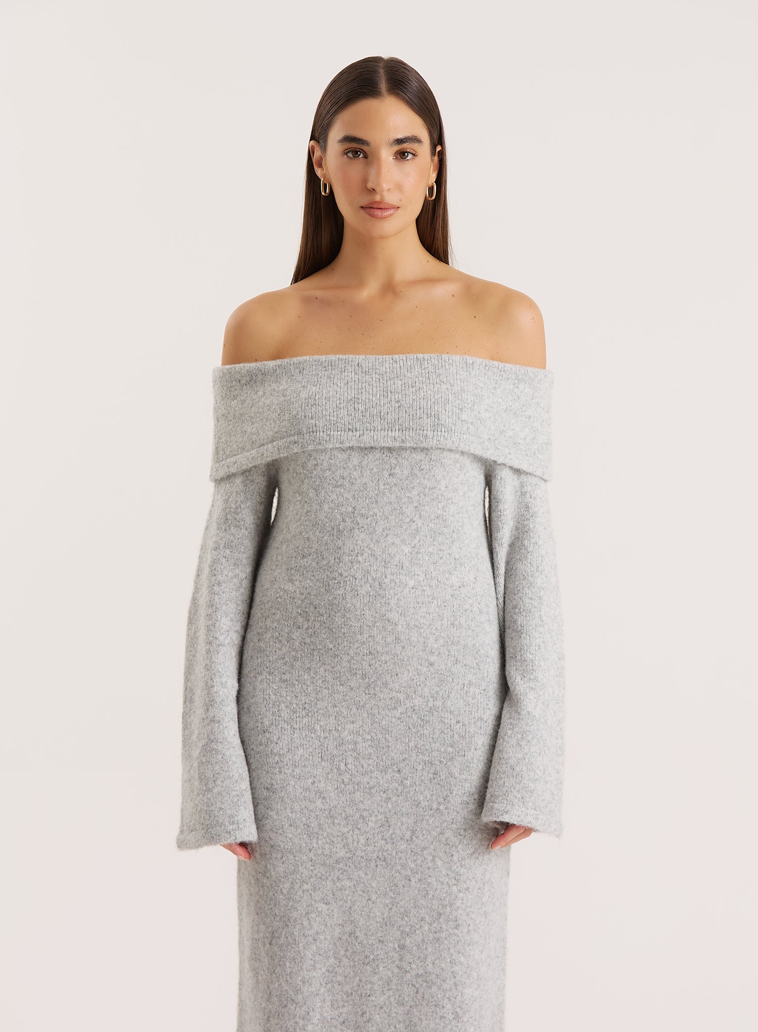 Grey Off Shoulder Wool Blend Knitted Maxi Dress