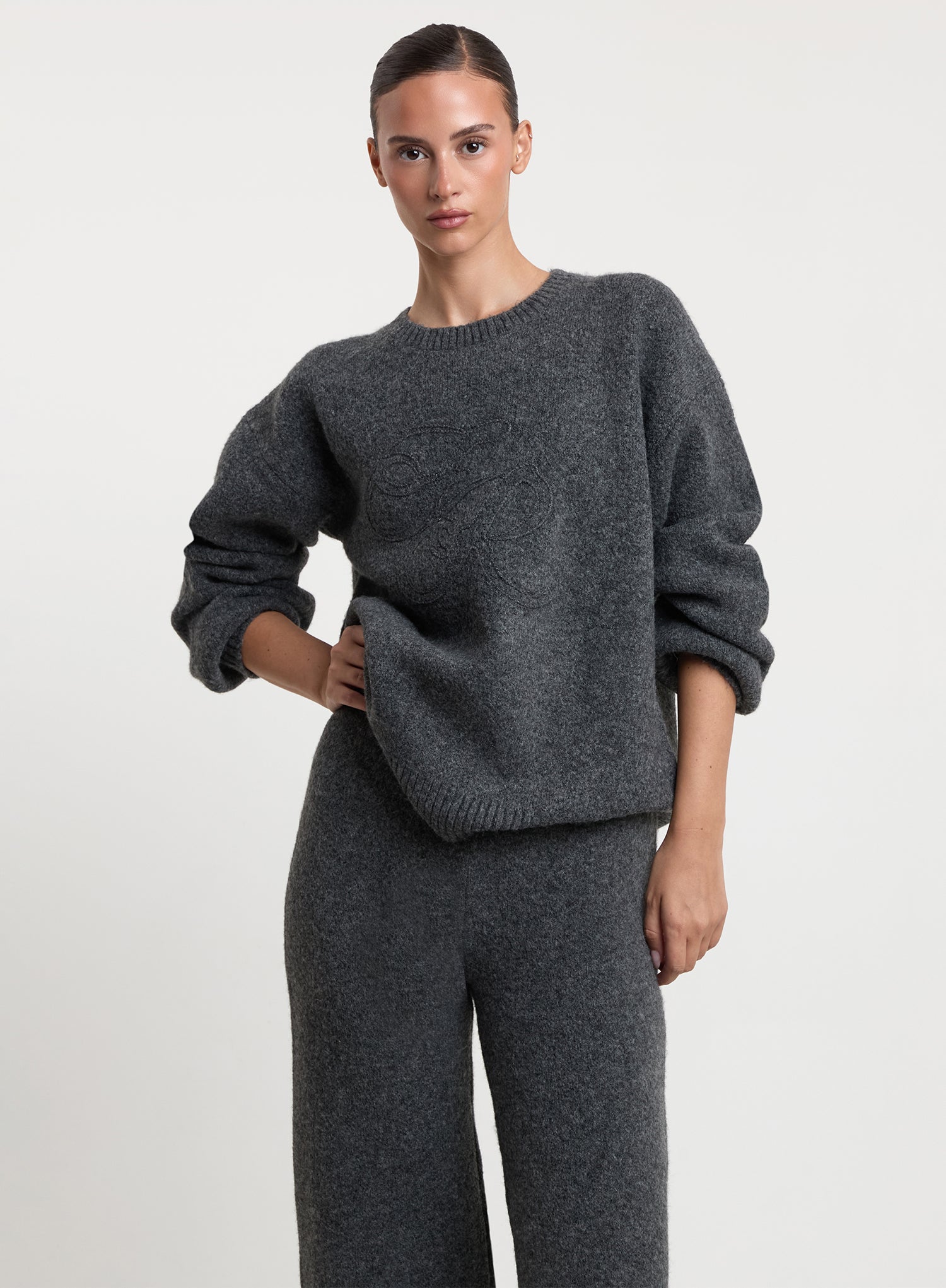 Charcoal Wool Blend Knitted Wide Leg Trousers