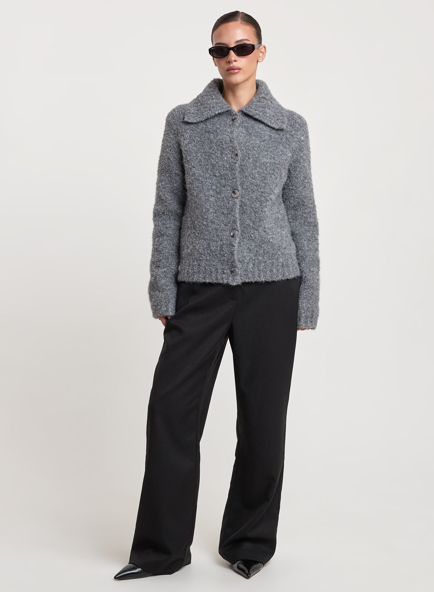 Dark Grey Knitted Collared Cardigan